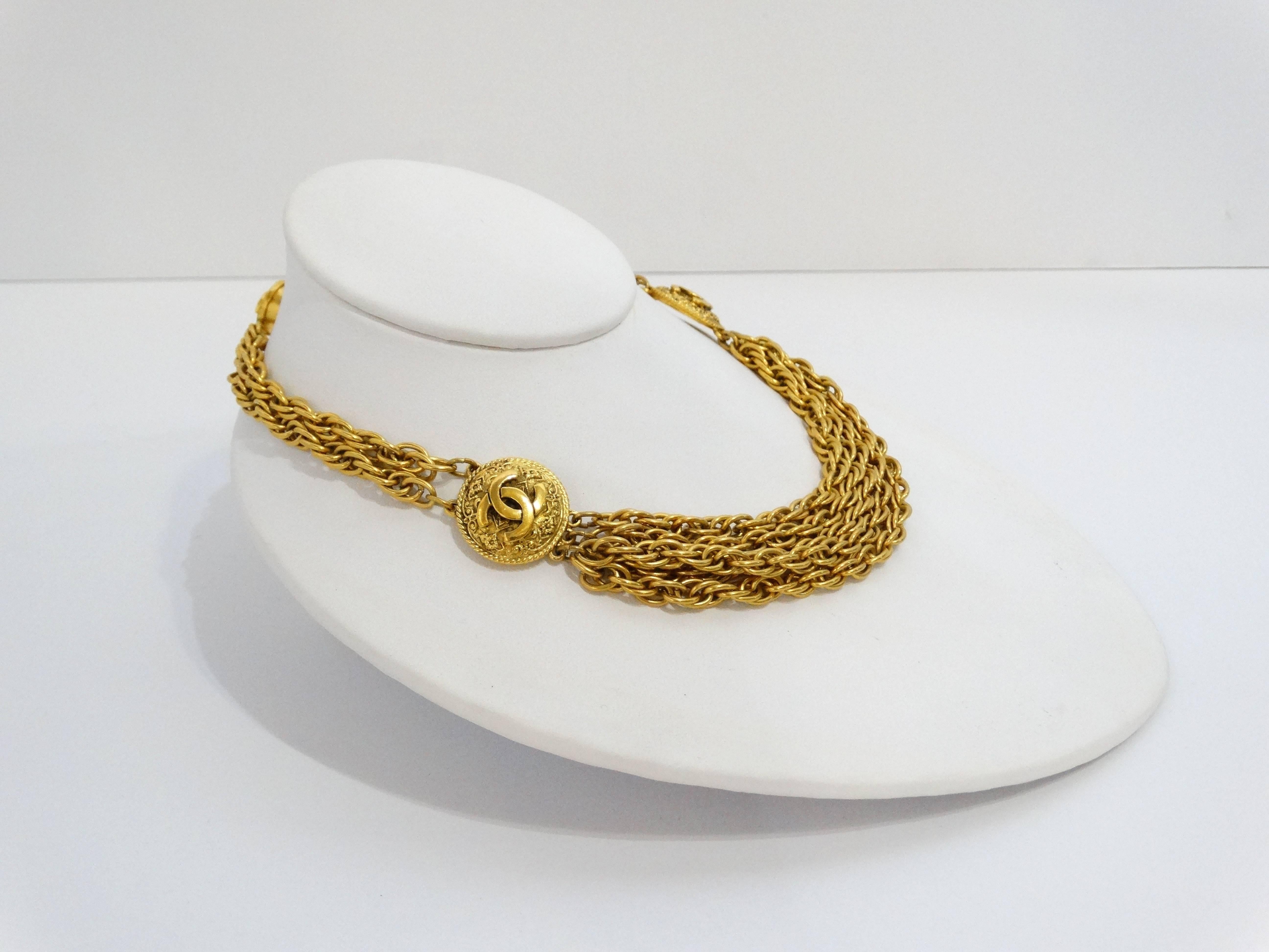 1980s Chanel Choker necklace in a brilliant gold! Two CC medallions at either side of the necklace with 5 layers Of rope chains. Back CC logo clasp closure. Signatures at the back of both medallions. Made in France,,,plated gold. 