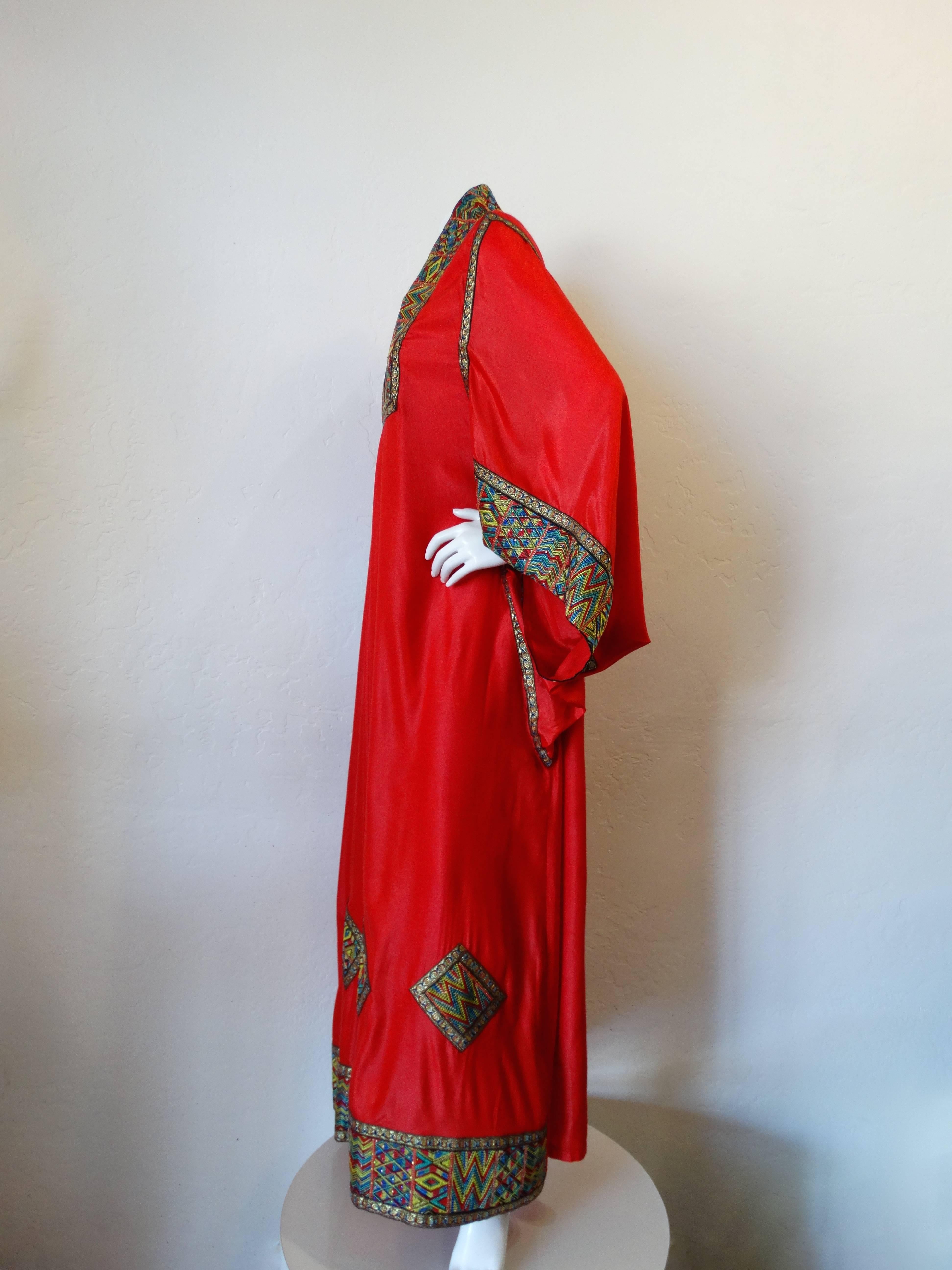 Red 1970s Embroidered Cocoon Maxi Gown