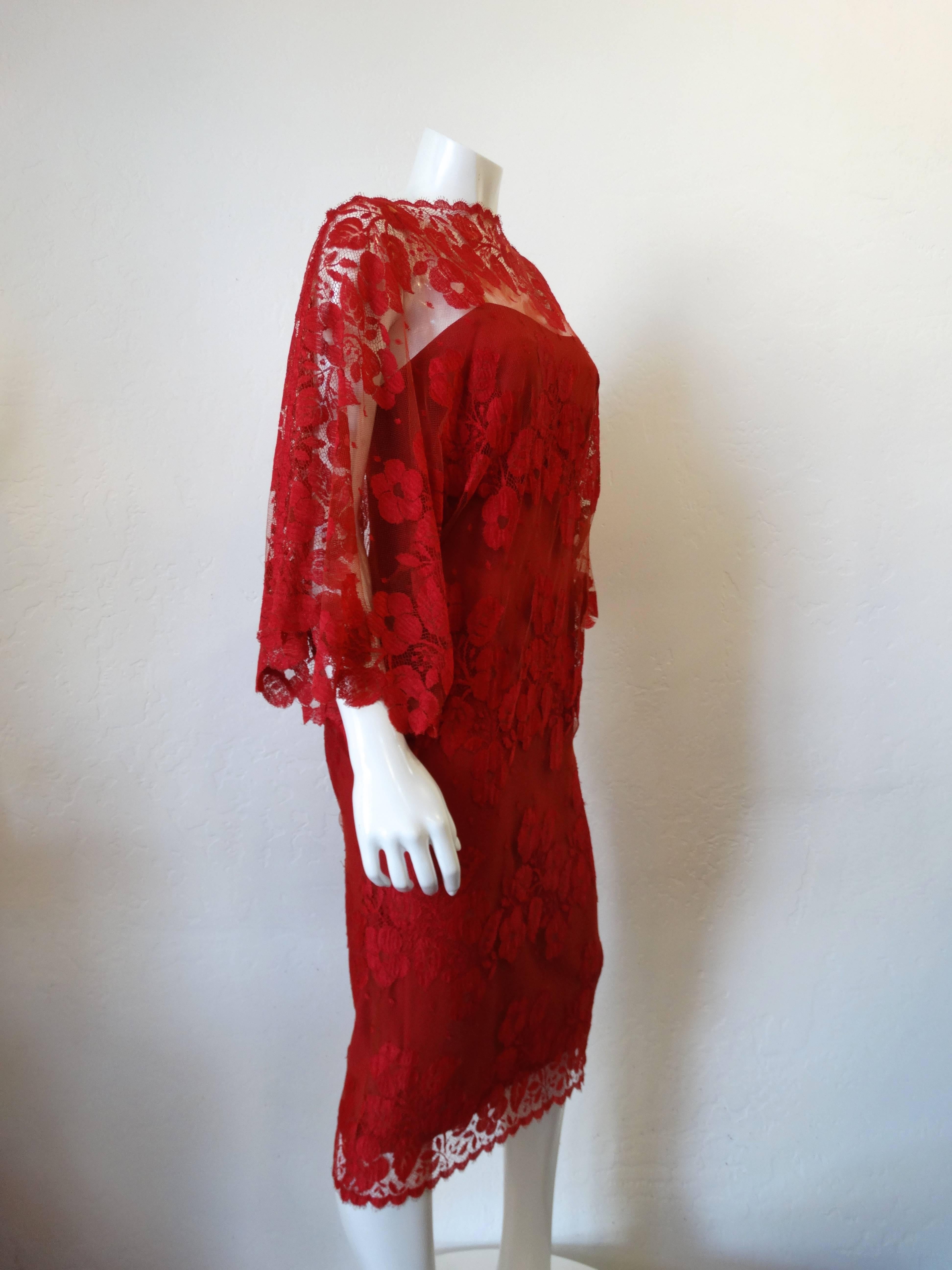 1960s Werle Beverly Hills Red Lace Evening Dress In Excellent Condition In Scottsdale, AZ
