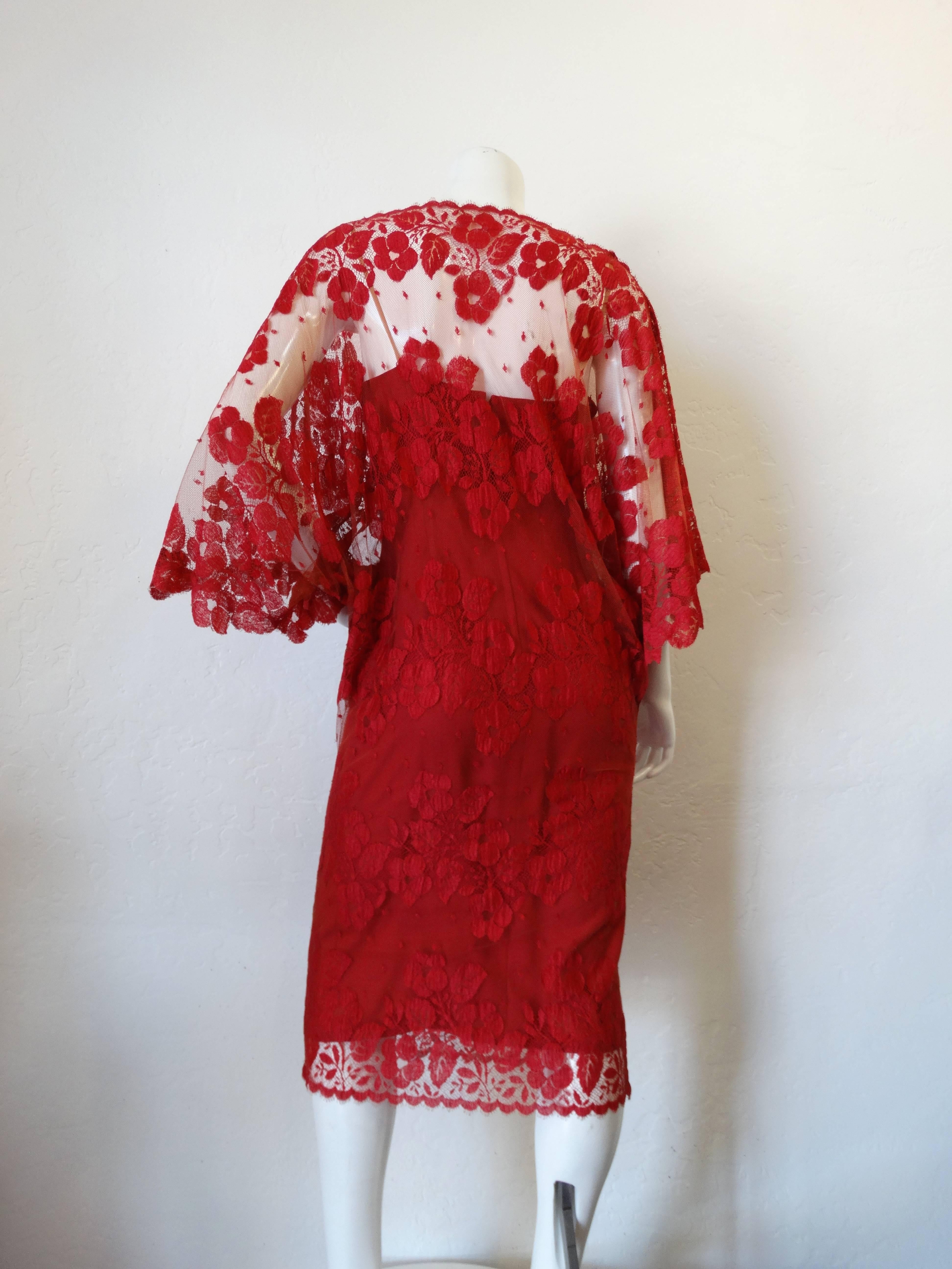 1960s Werle Beverly Hills Red Lace Evening Dress 4