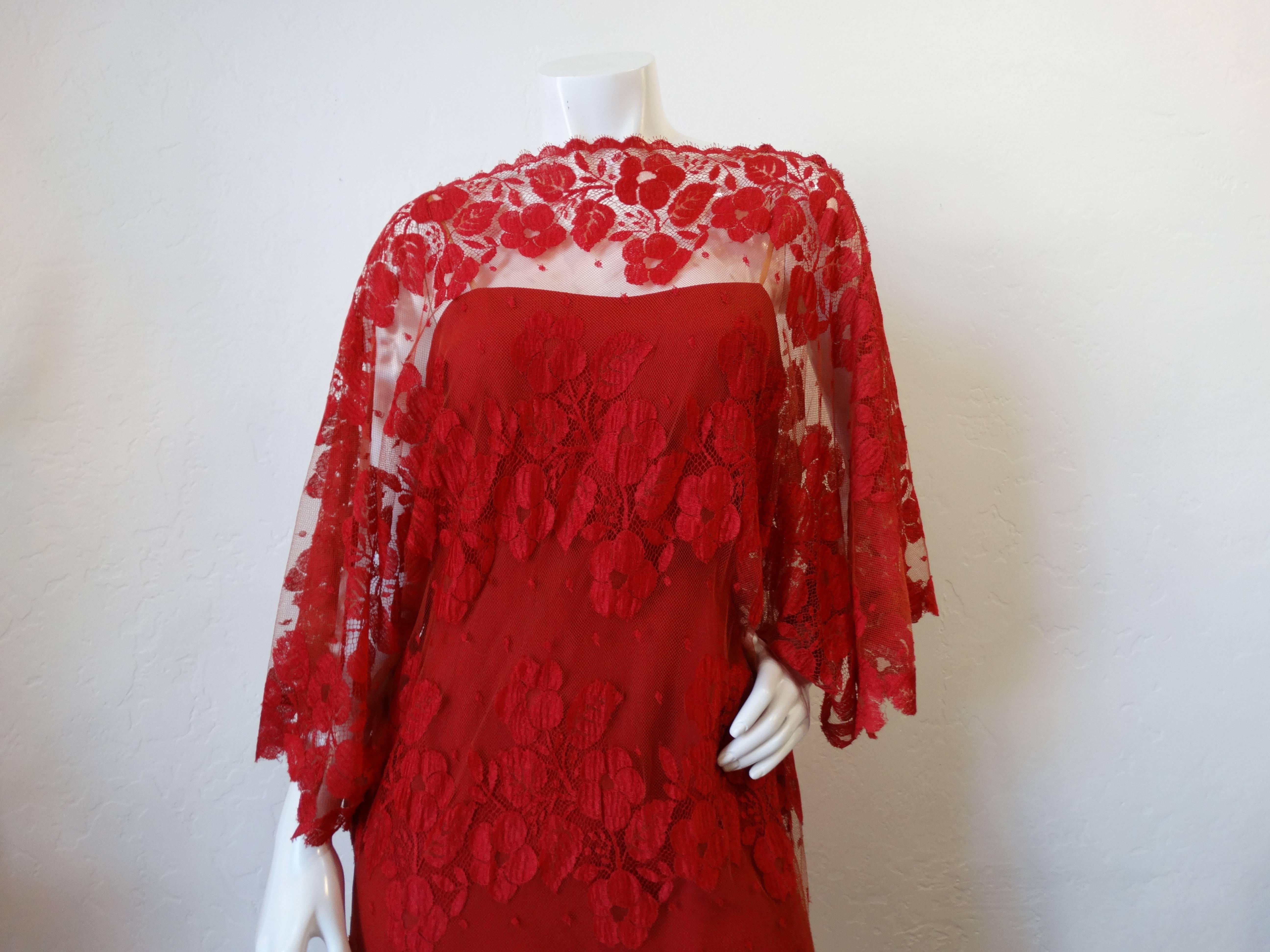 1960s Werle Beverly Hills Red Lace Evening Dress 1