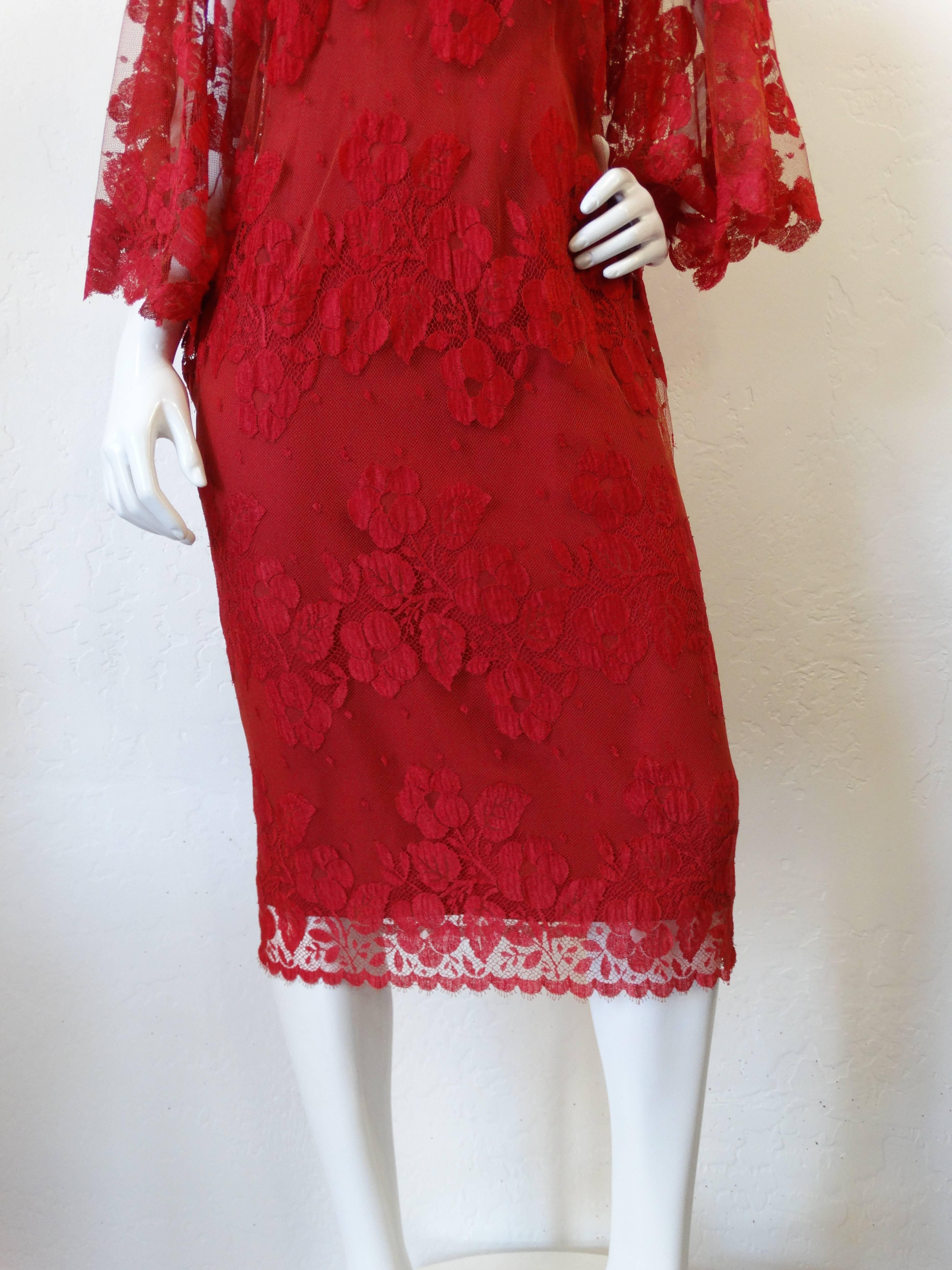 1960s Werle Beverly Hills Red Lace Evening Dress 2