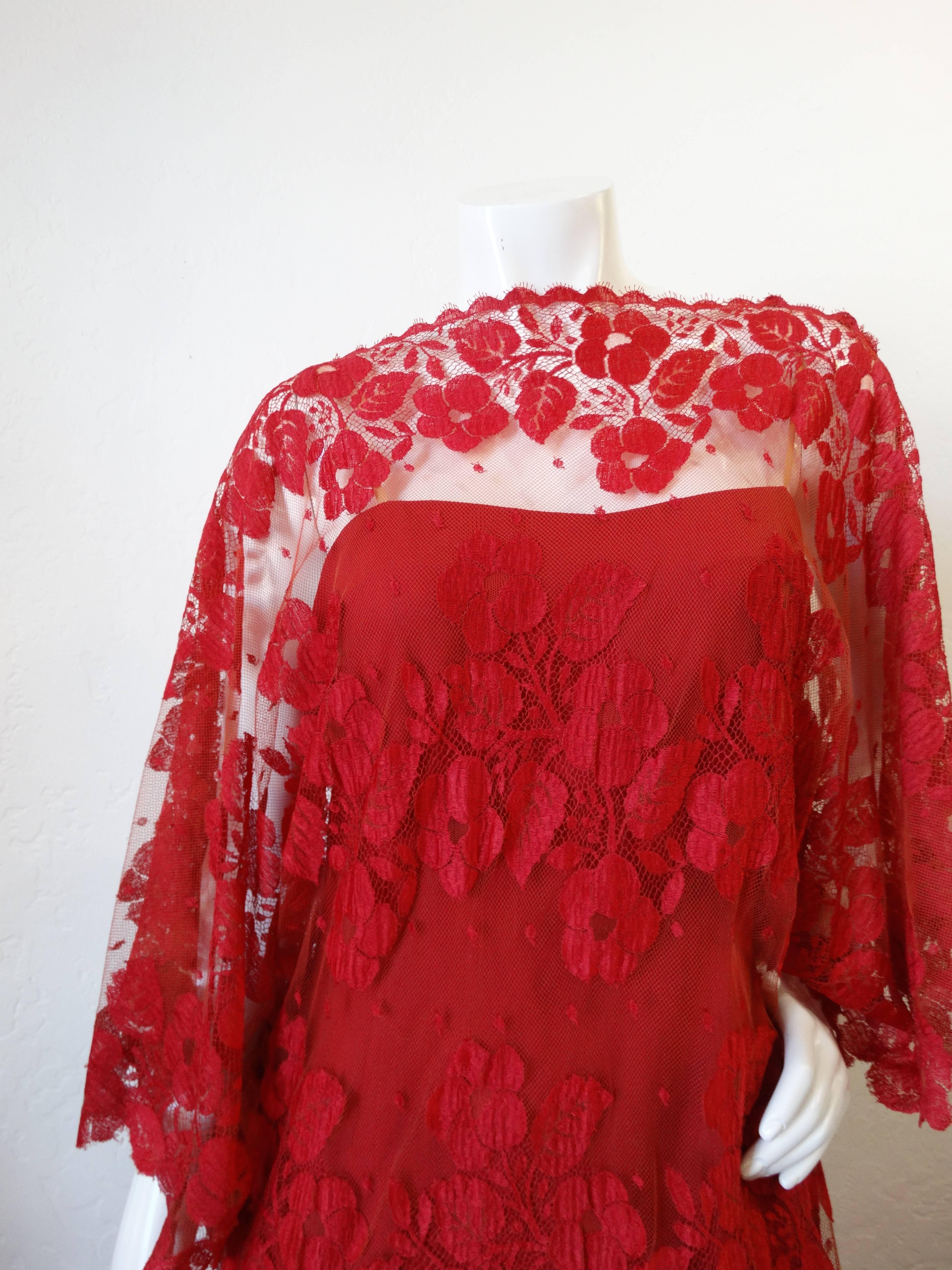 1960s Werle Beverly Hills Red Lace Evening Dress 3