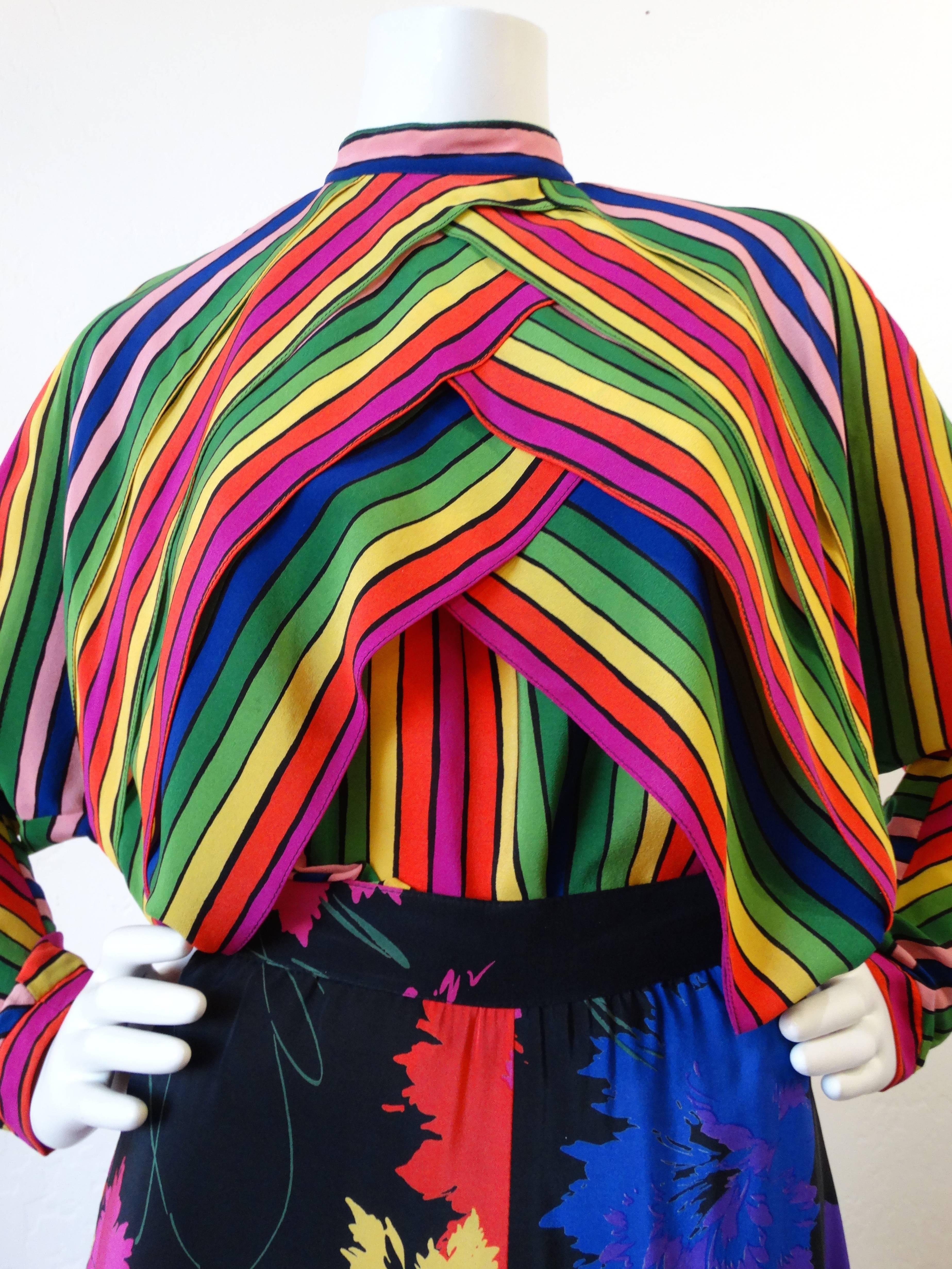 Black Rare 1980s Fong Leng Rainbow Floral Silk Pant Set 