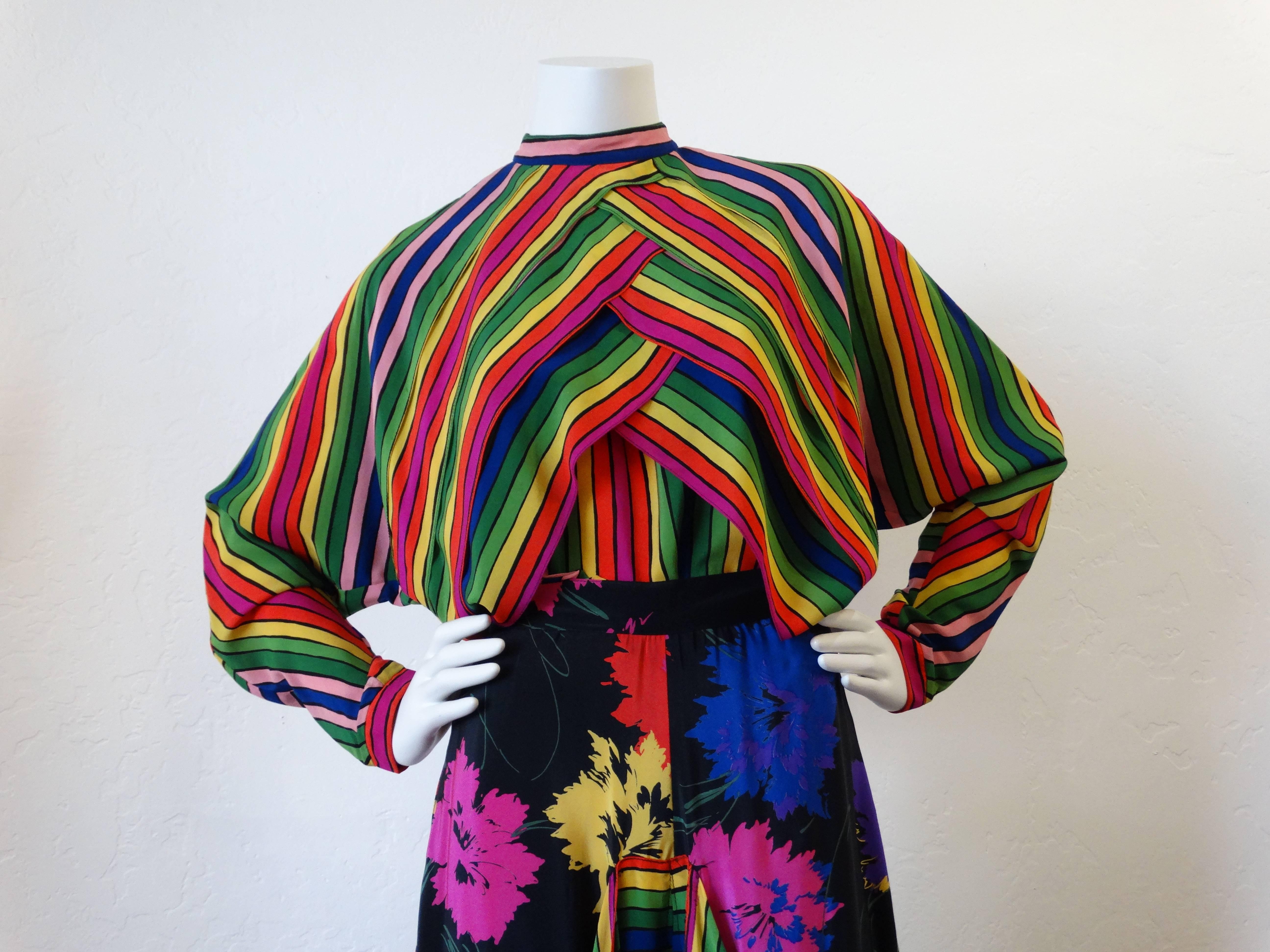 Rare 1980s Fong Leng Rainbow Floral Silk Pant Set  In Excellent Condition In Scottsdale, AZ