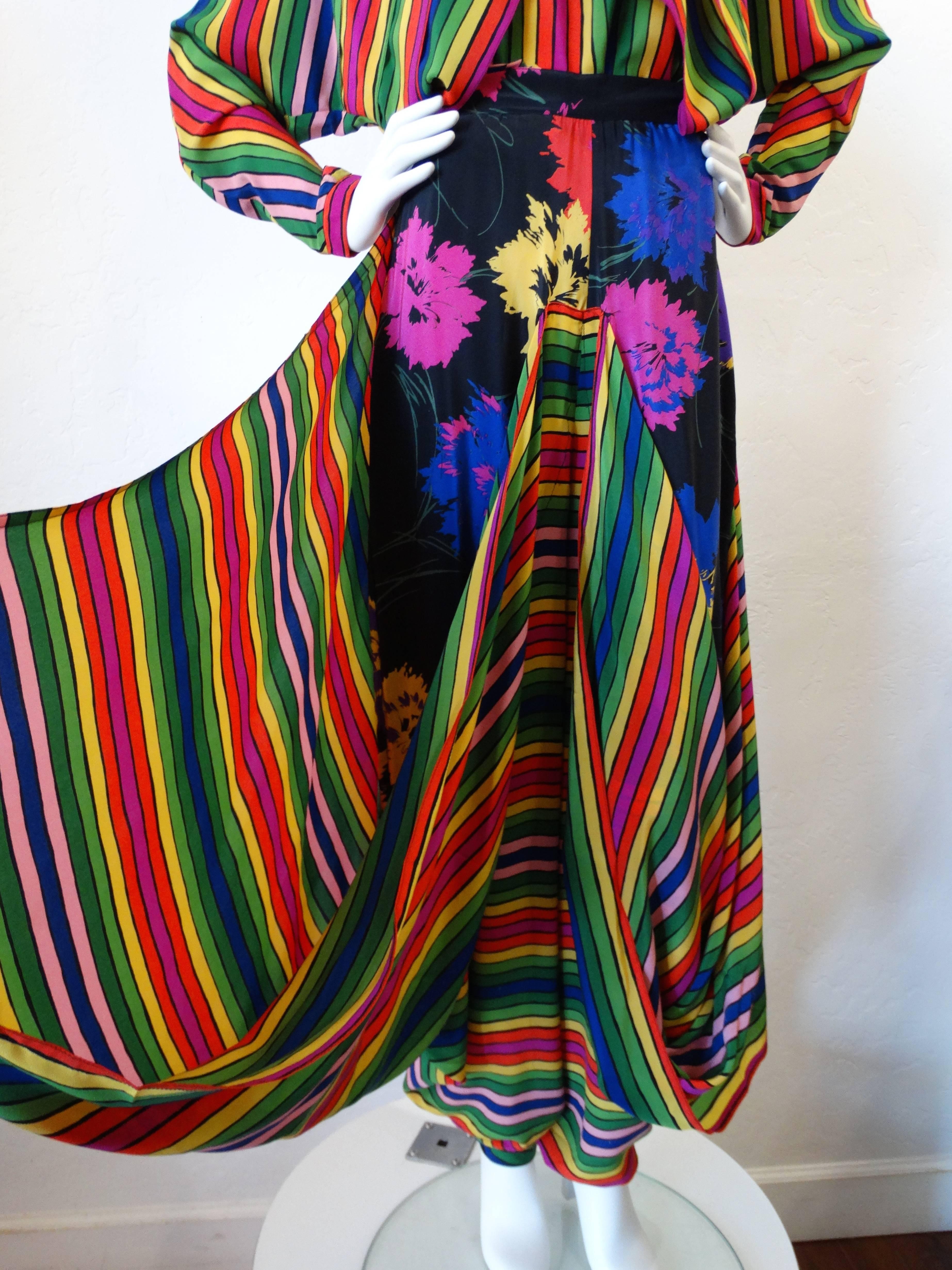 Women's Rare 1980s Fong Leng Rainbow Floral Silk Pant Set 