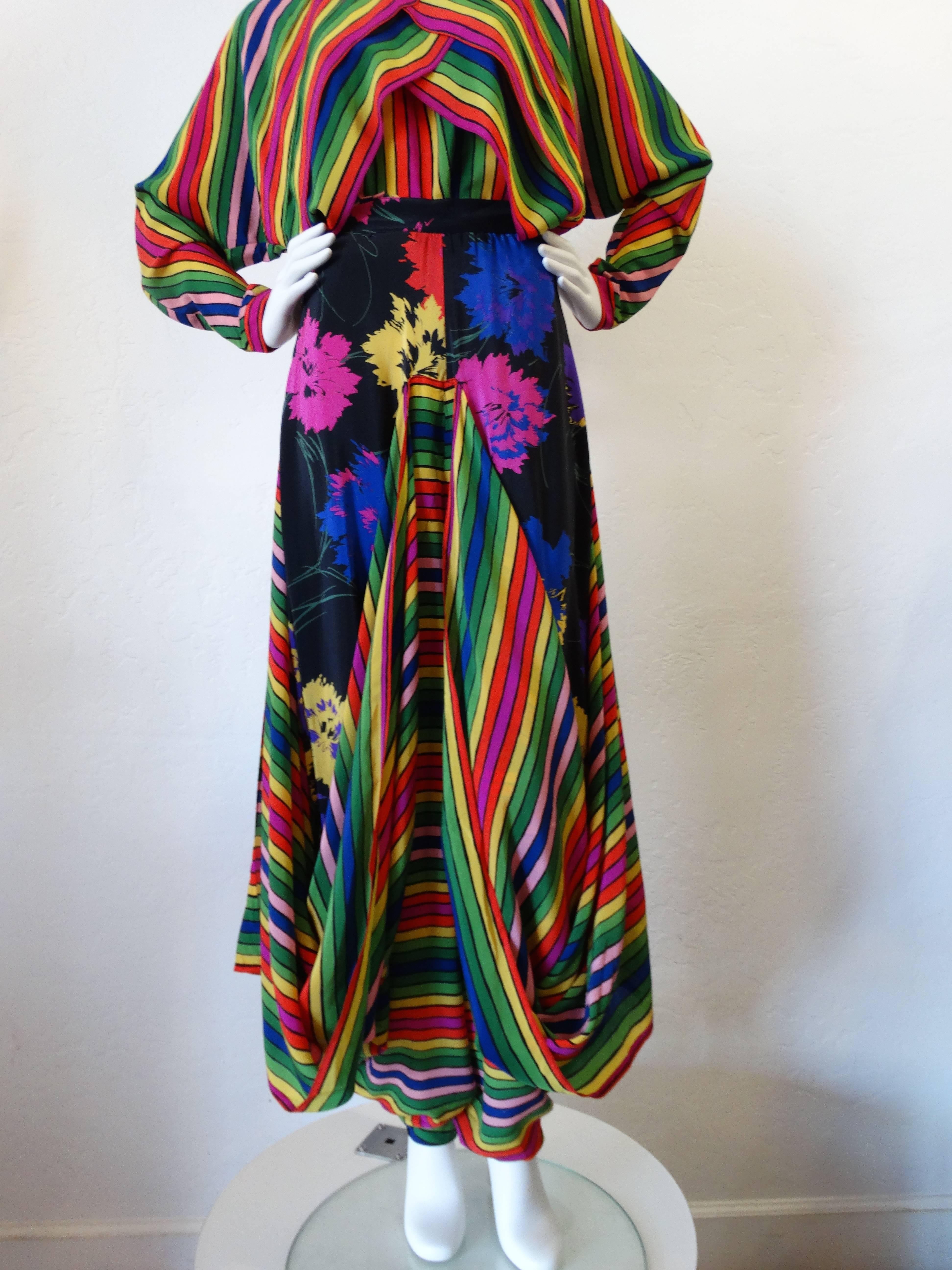 Rare 1980s Fong Leng Rainbow Floral Silk Pant Set  2