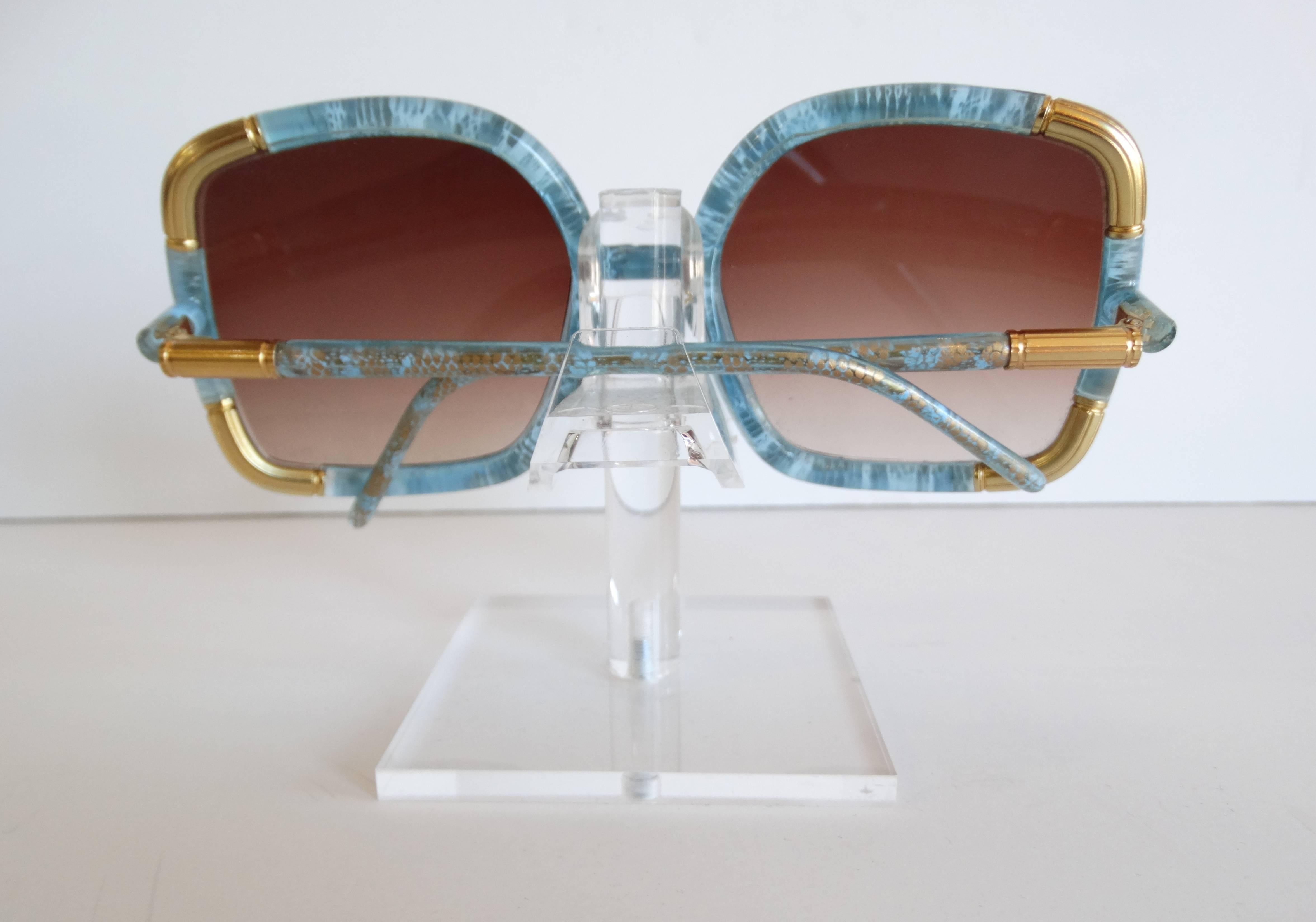Brown Rare Style of 1970s Ted Lapidus Blue Lace Sunglasses 