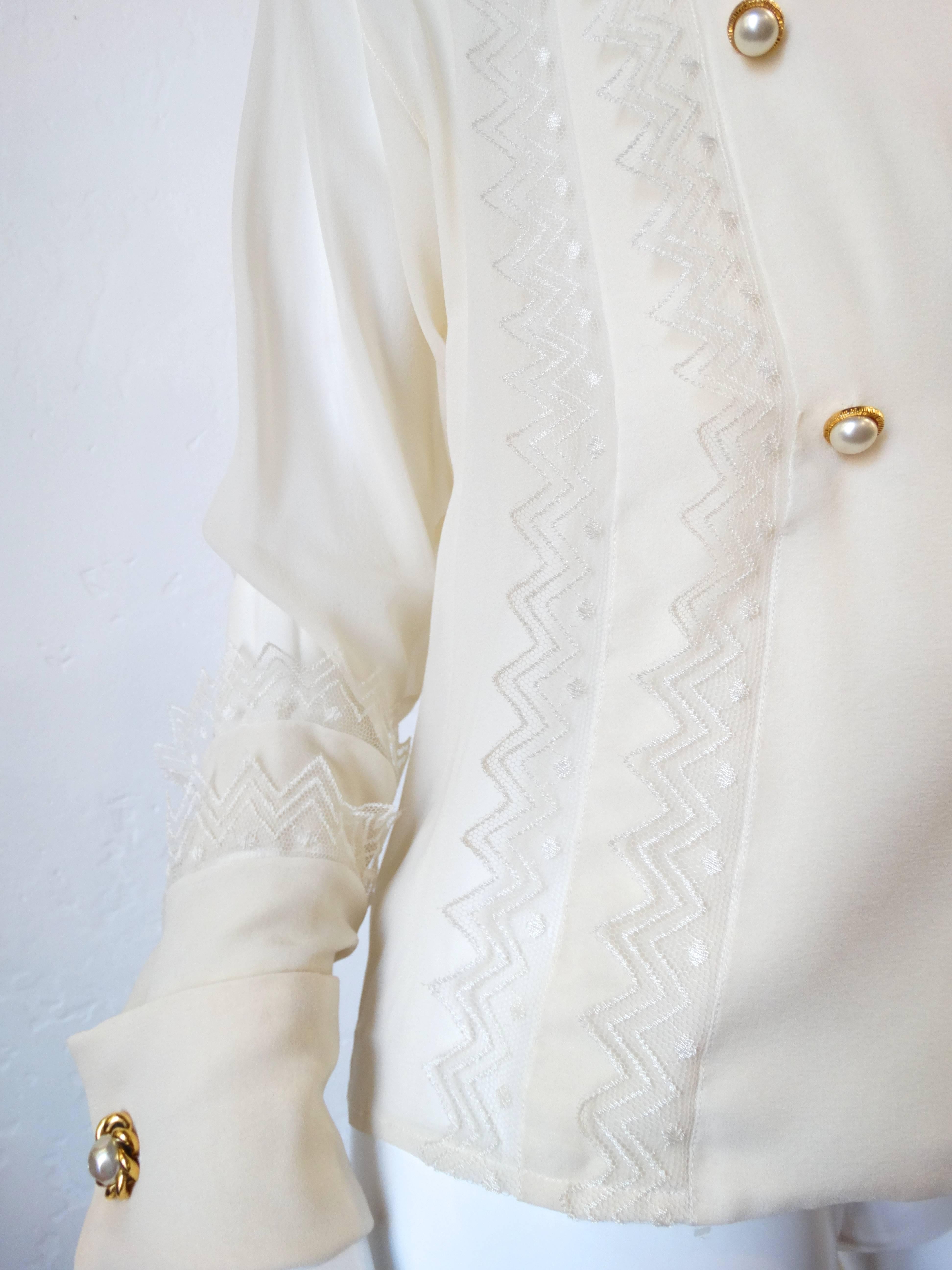 Beige 1980s Chanel Double Breasted Blouse with Pearl Chanel Buttons 