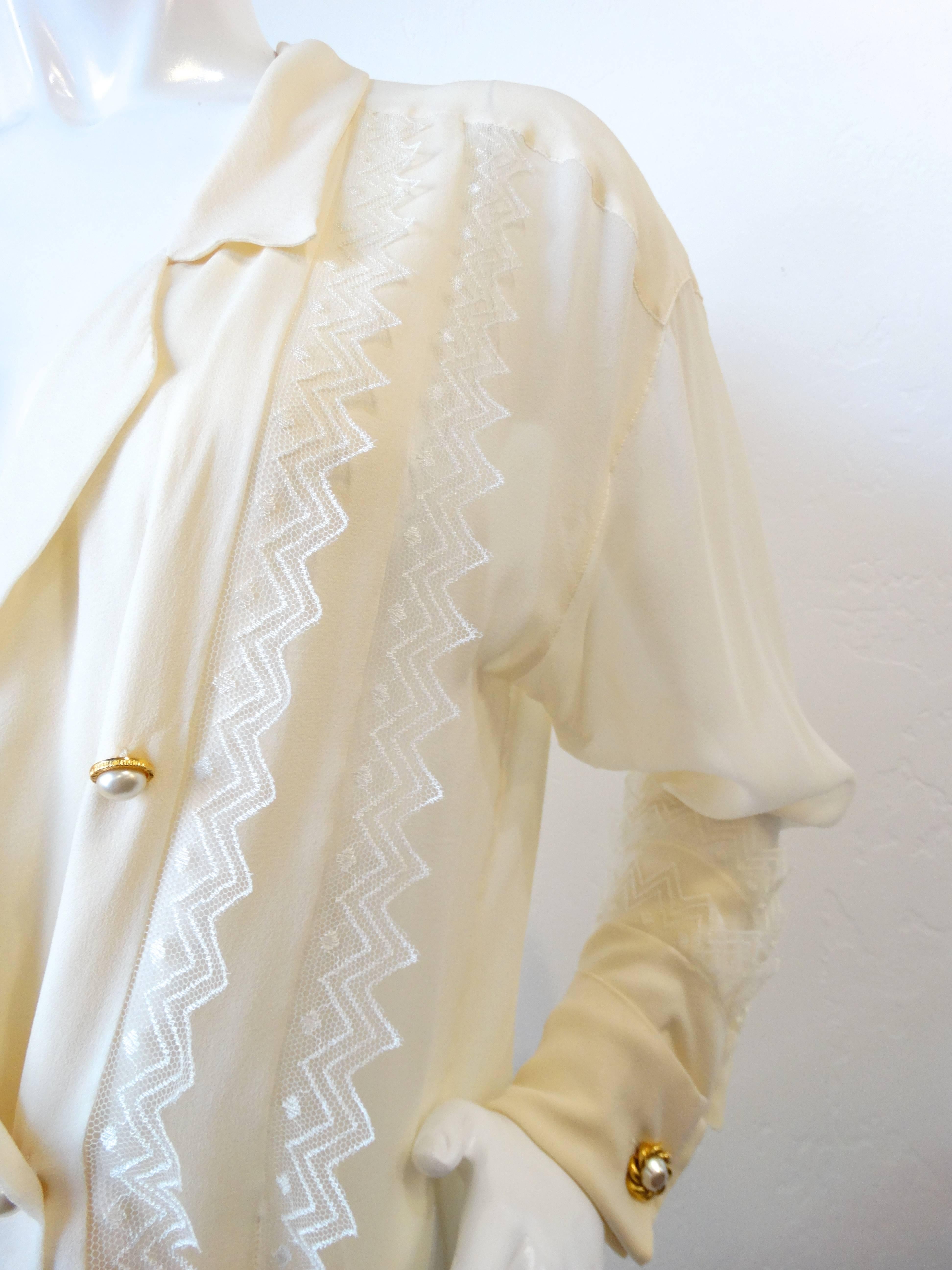1980s Chanel Double Breasted Blouse with Pearl Chanel Buttons  1