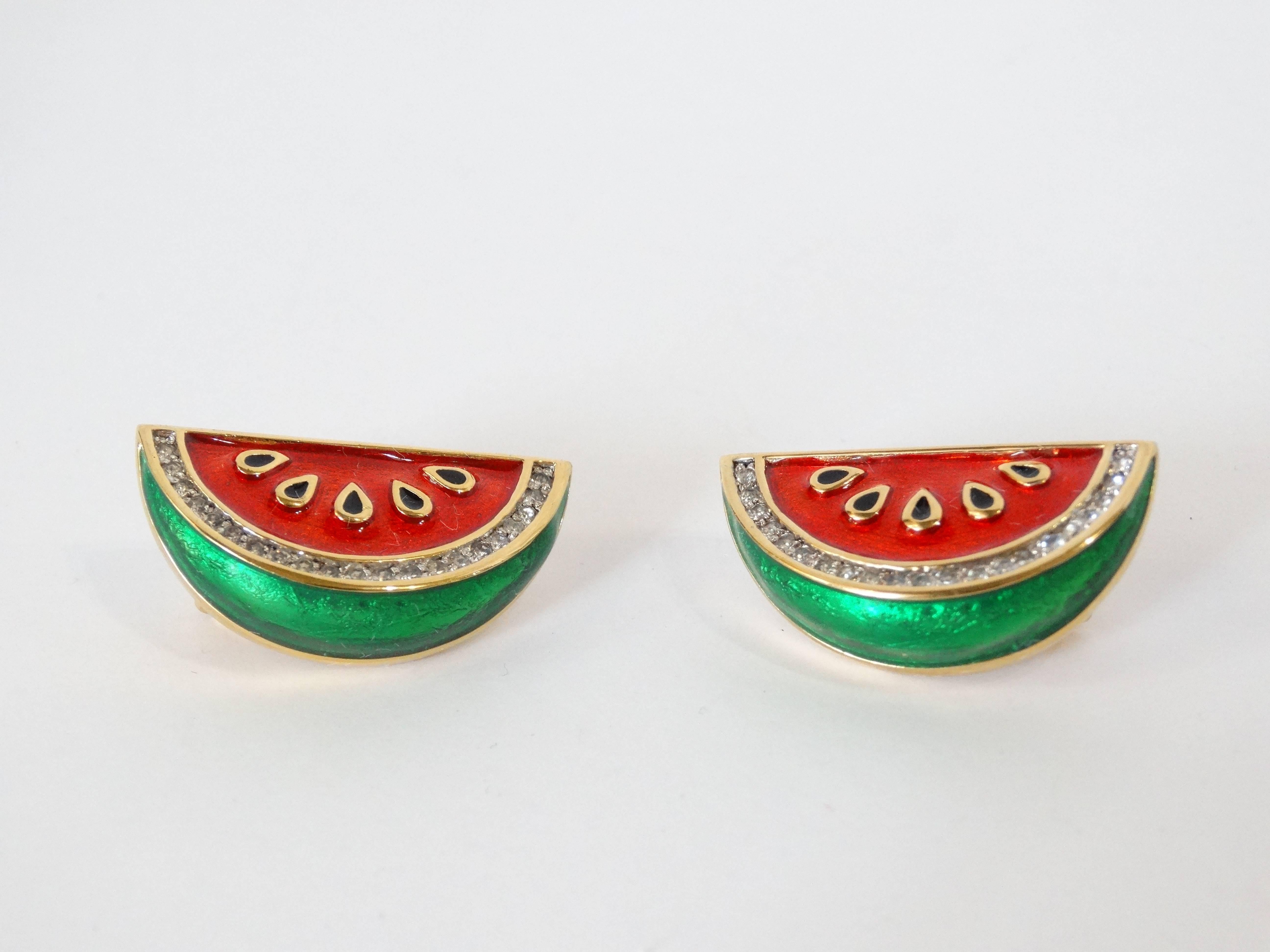 Women's or Men's 1980s Judith Leiber Watermelon Enamel Crystal Earrings