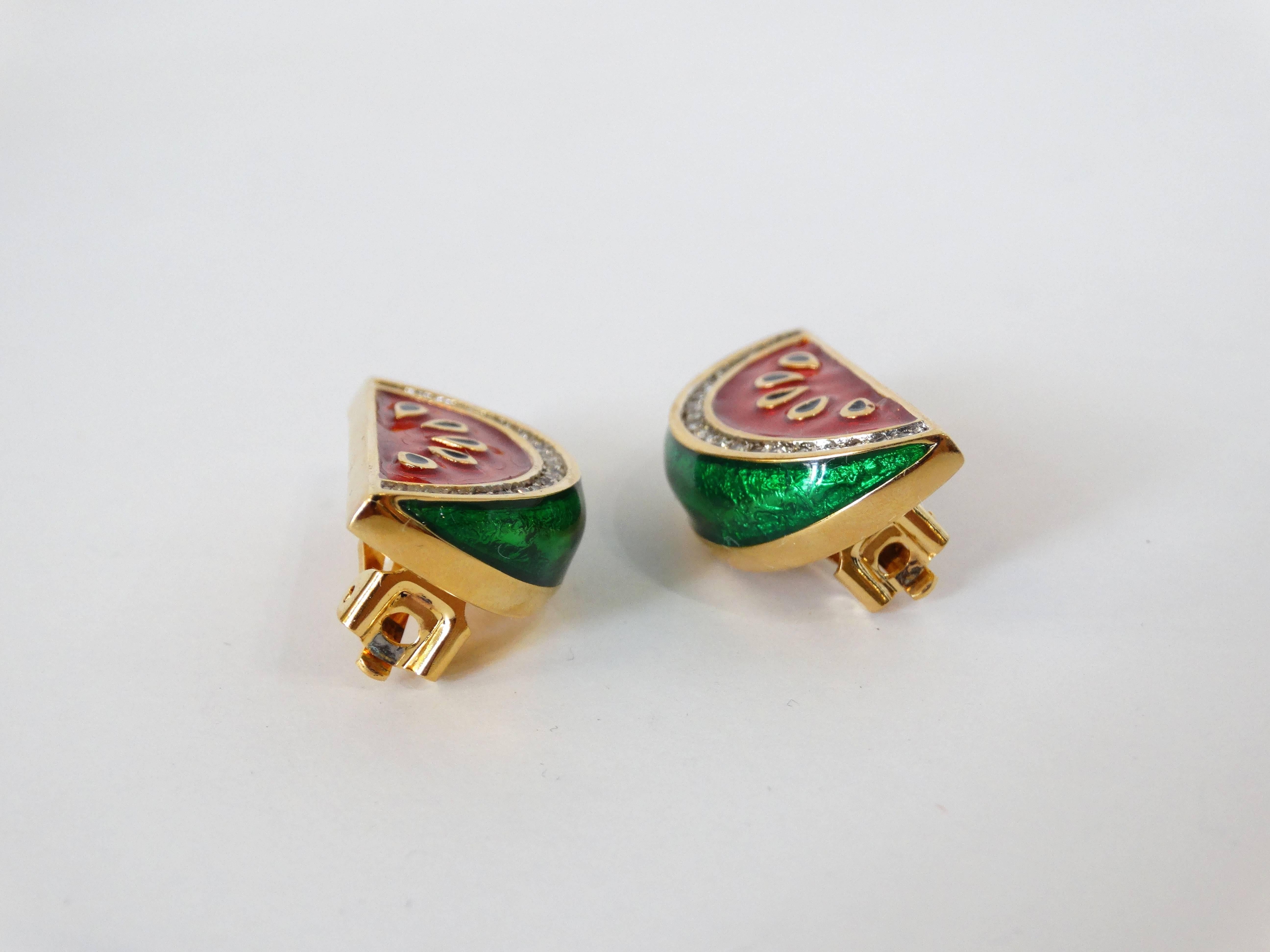 1980s Judith Leiber Watermelon Enamel Crystal Earrings 1