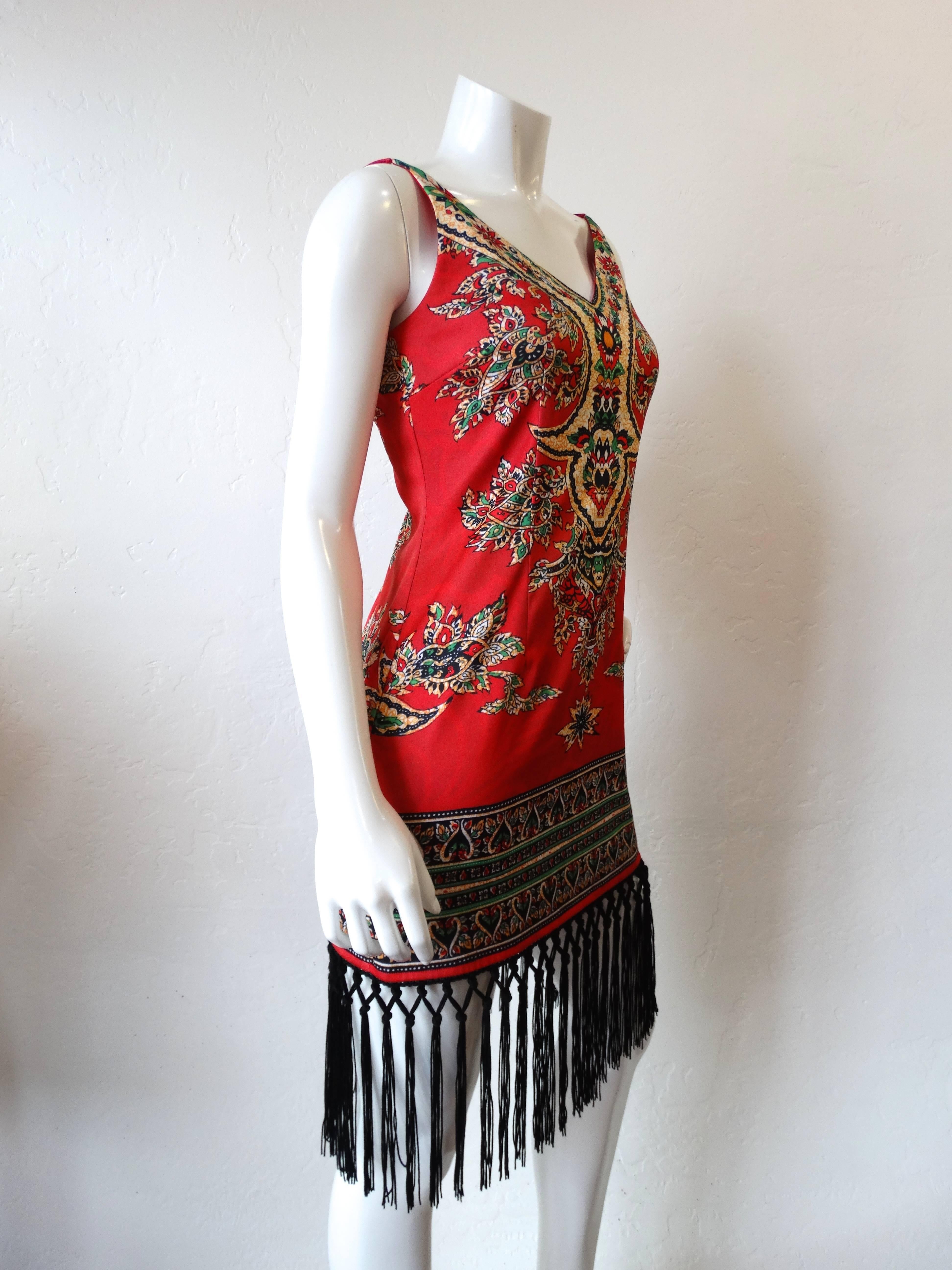 1990s Dashiki Printed Fringe Dress In Excellent Condition In Scottsdale, AZ