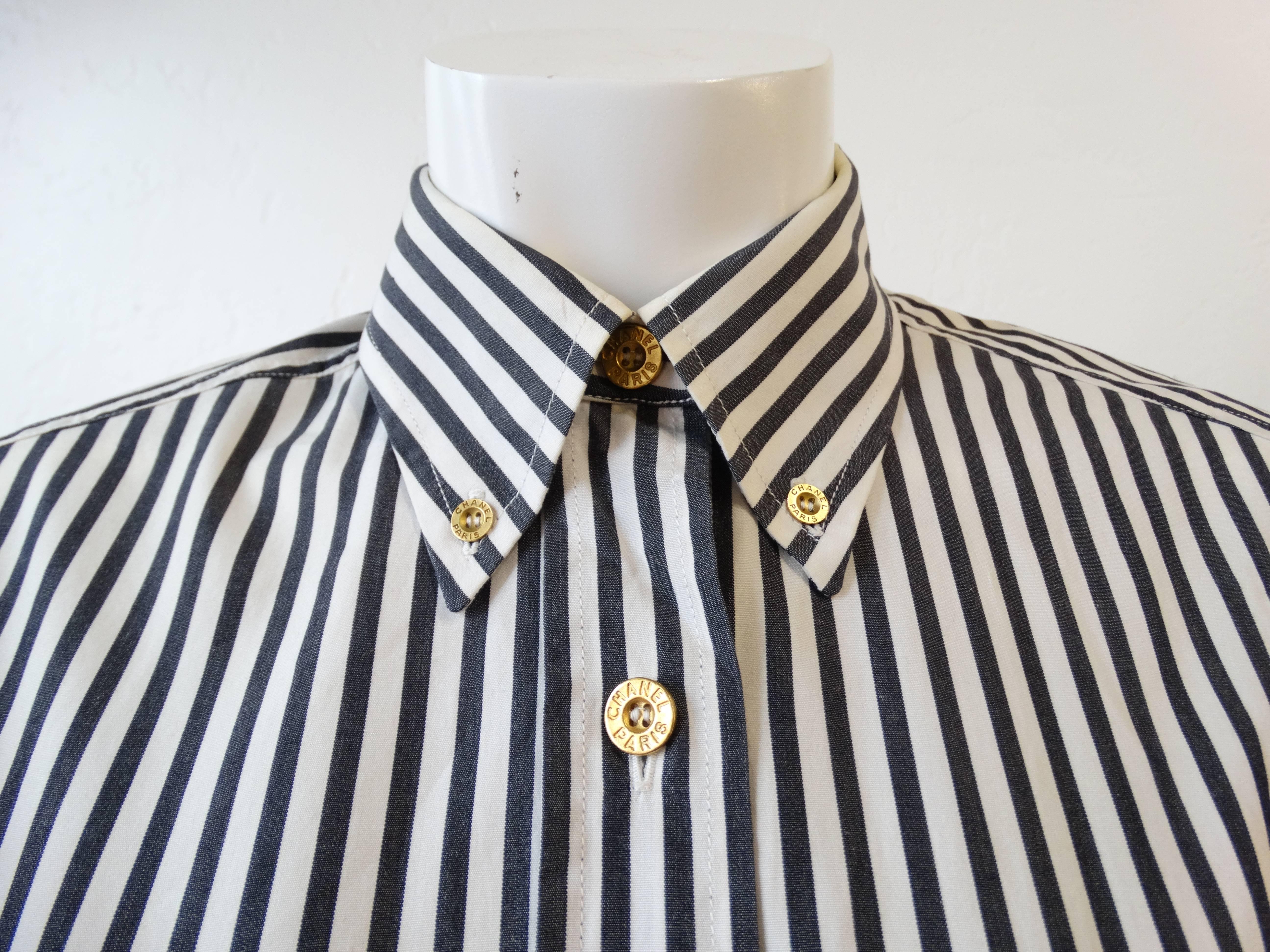 Gray Rare 1990s Chanel Striped Button Up Dress Shirt 