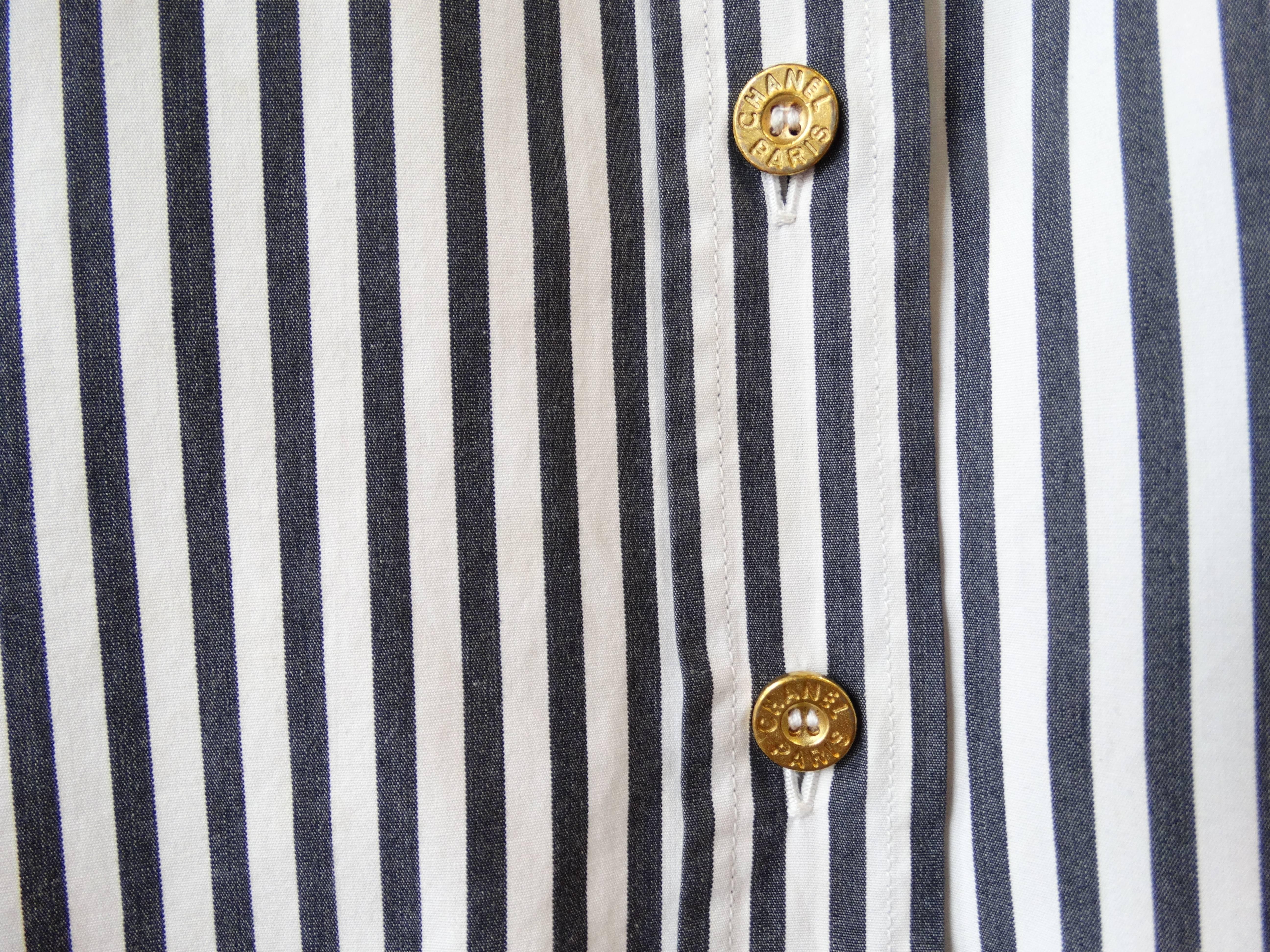 Rare 1990s Chanel Striped Button Up Dress Shirt  In Excellent Condition In Scottsdale, AZ