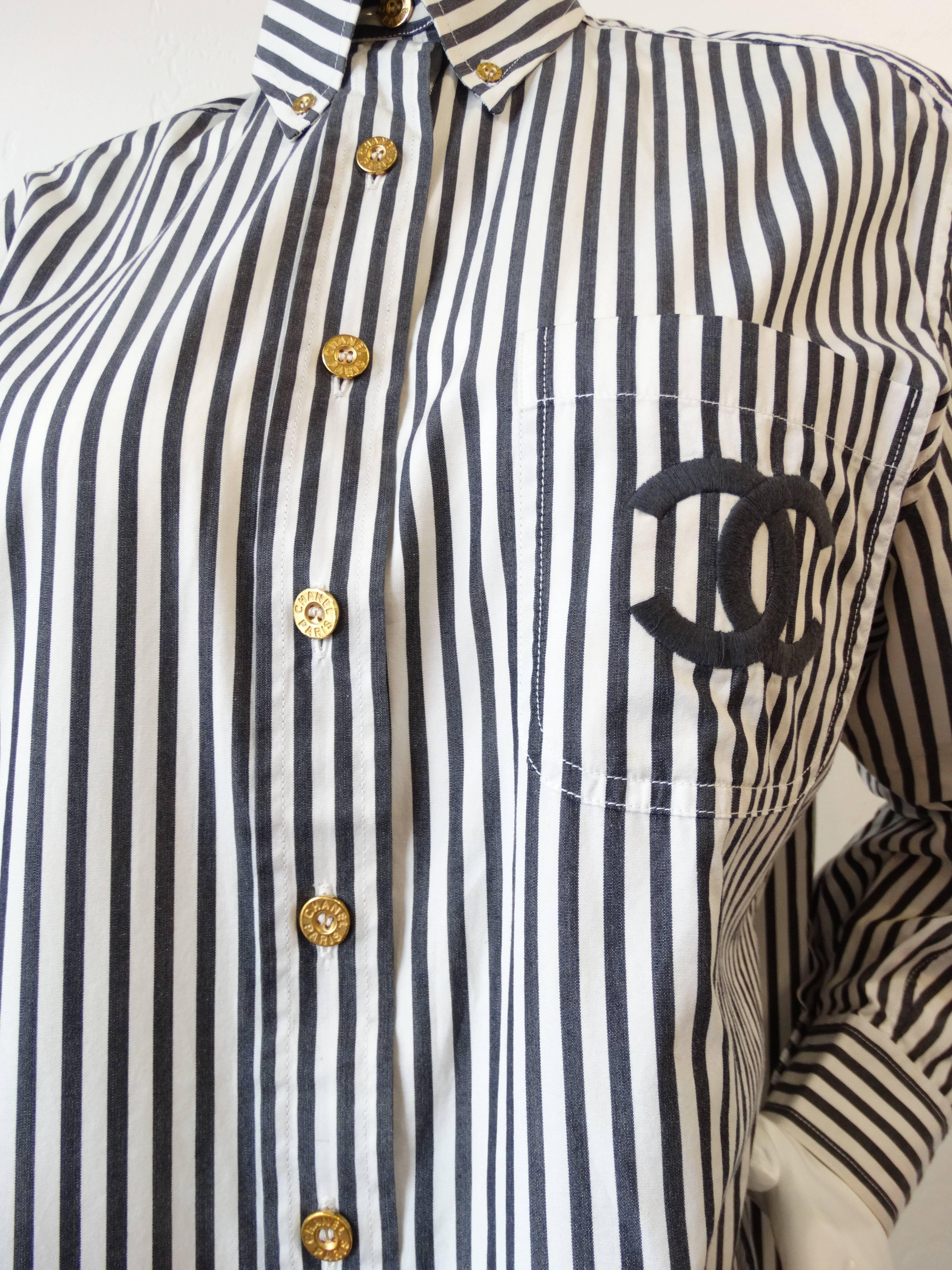 Women's or Men's Rare 1990s Chanel Striped Button Up Dress Shirt 