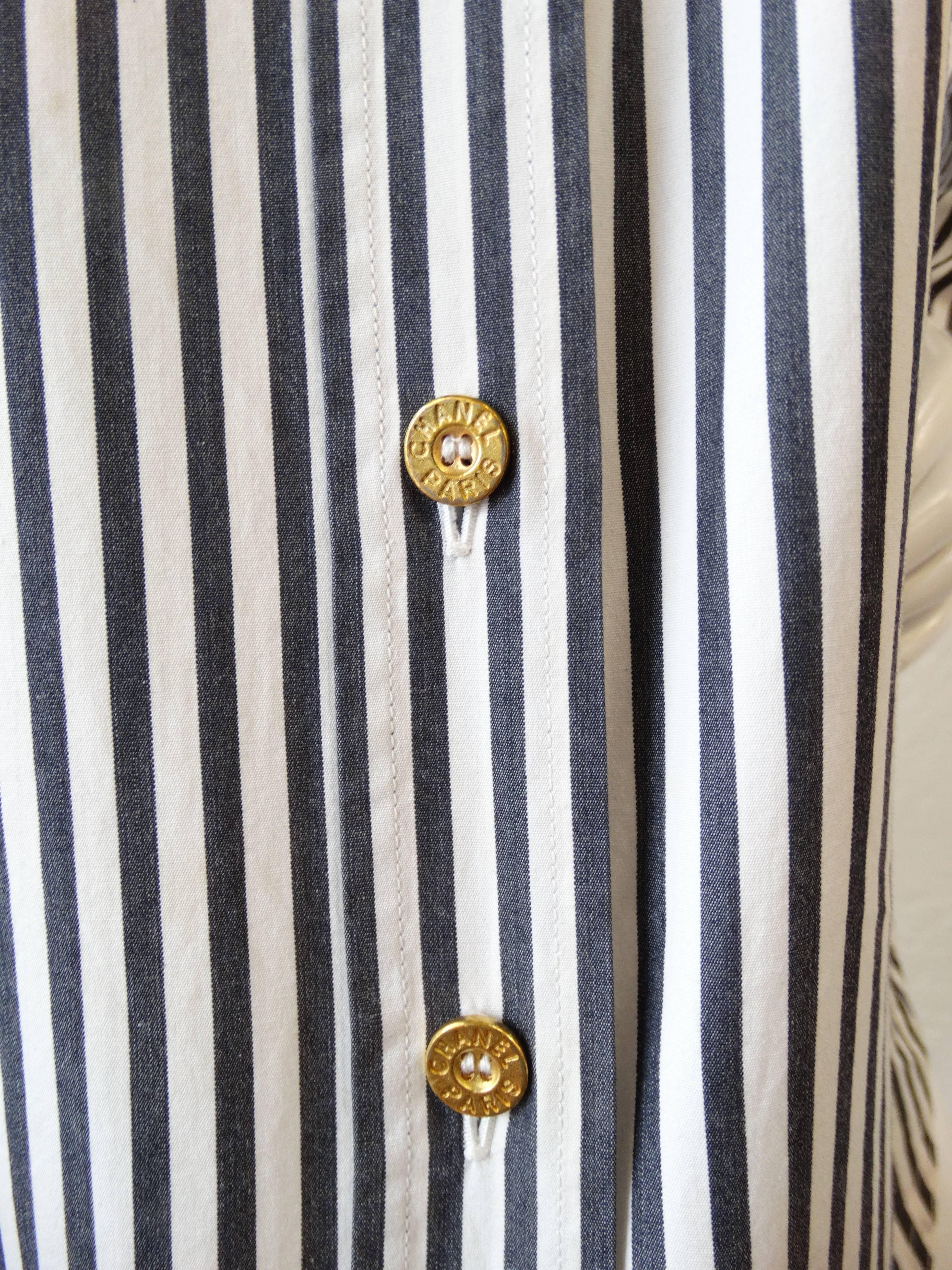 Rare 1990s Chanel Striped Button Up Dress Shirt  1