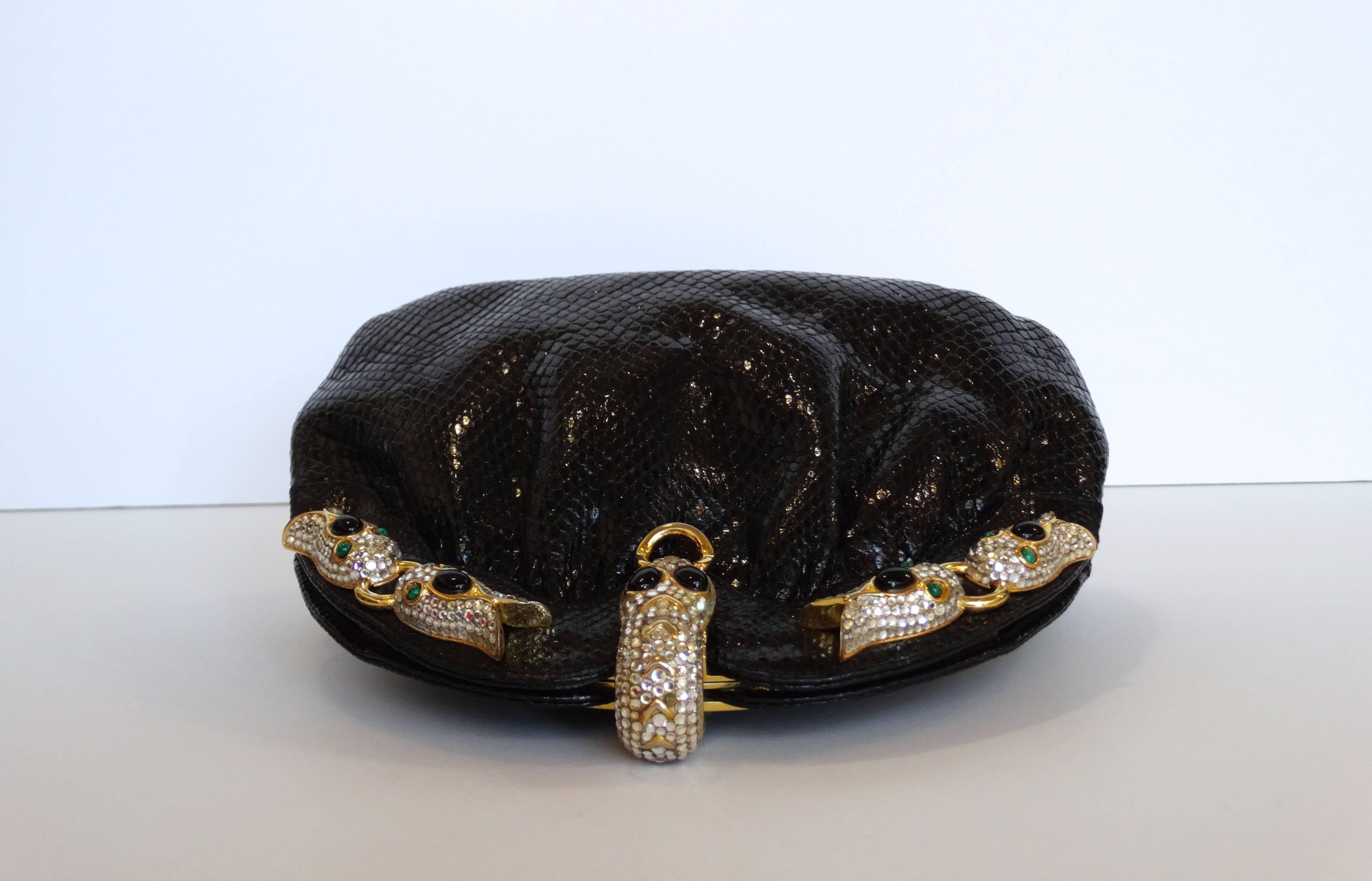 Black 1980s Finesse La Model Snakeskin Convertible Clutch 