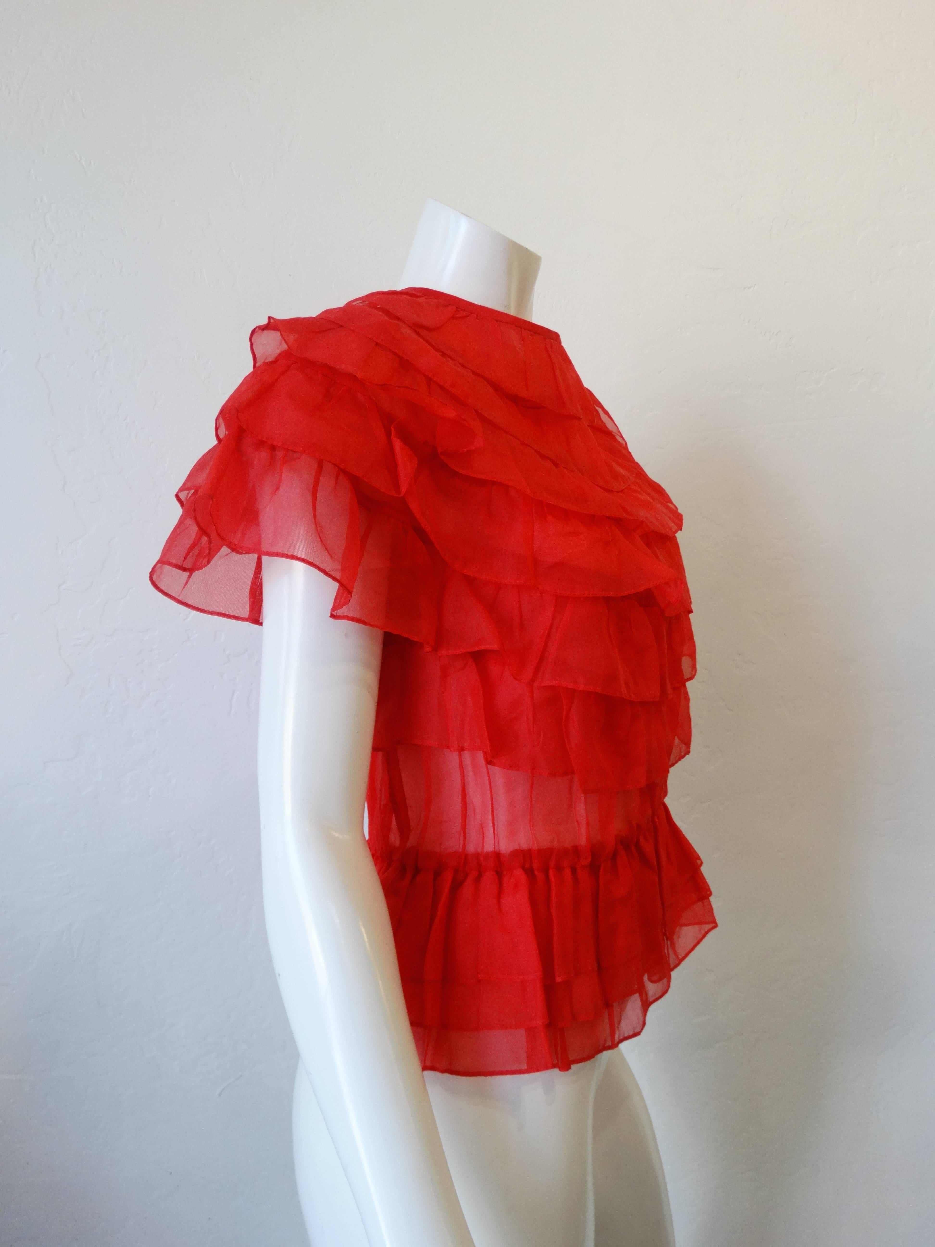 1980s Joy Stevens Sheer Ruffled Blouse in Lipstick Red In Excellent Condition In Scottsdale, AZ