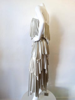 Iconic 1980s Halston Silver Tiered Hankie Hem Jumpsuit