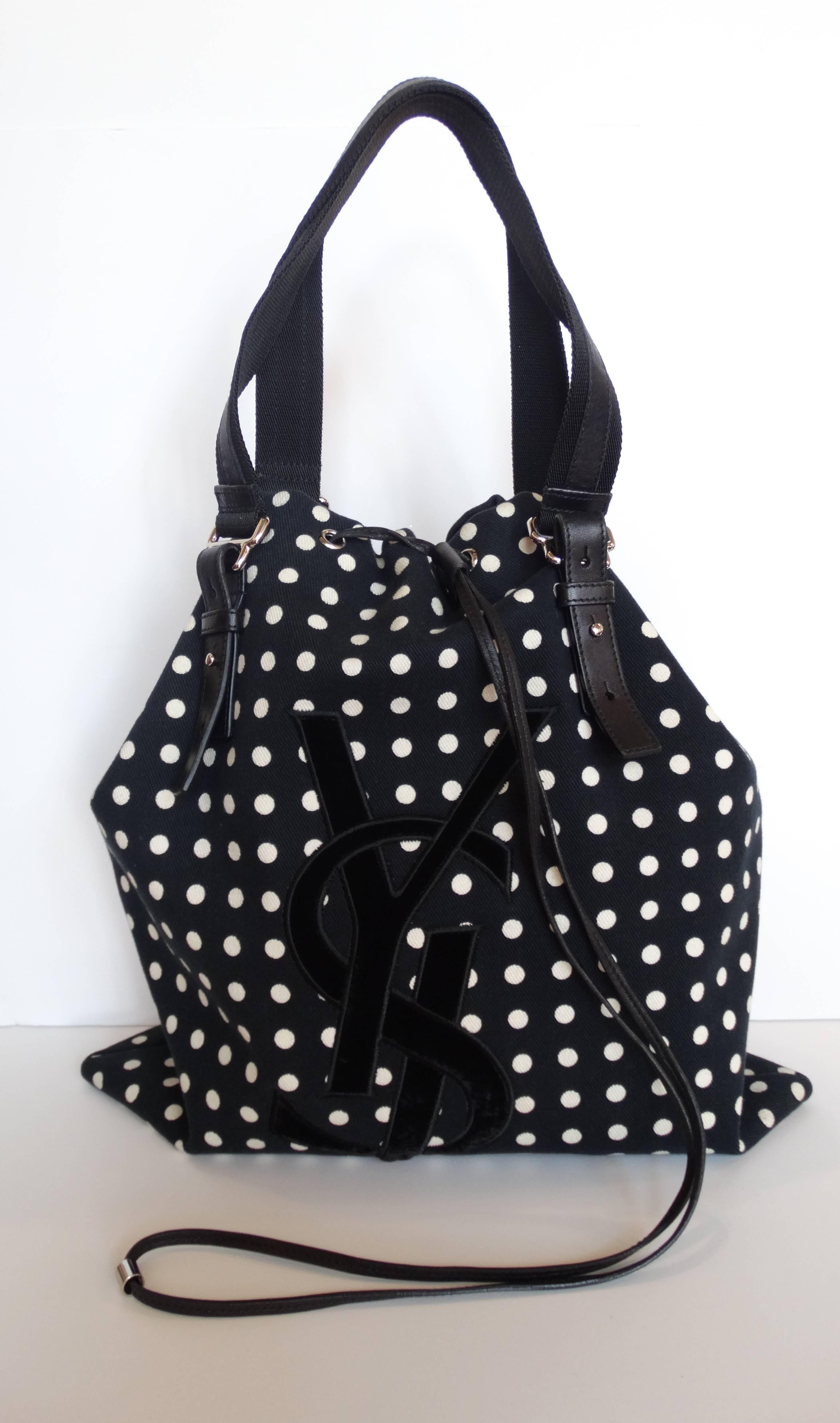 Black 1990s Yves Saint Laurent Signature Polkadot Drawstring Tote