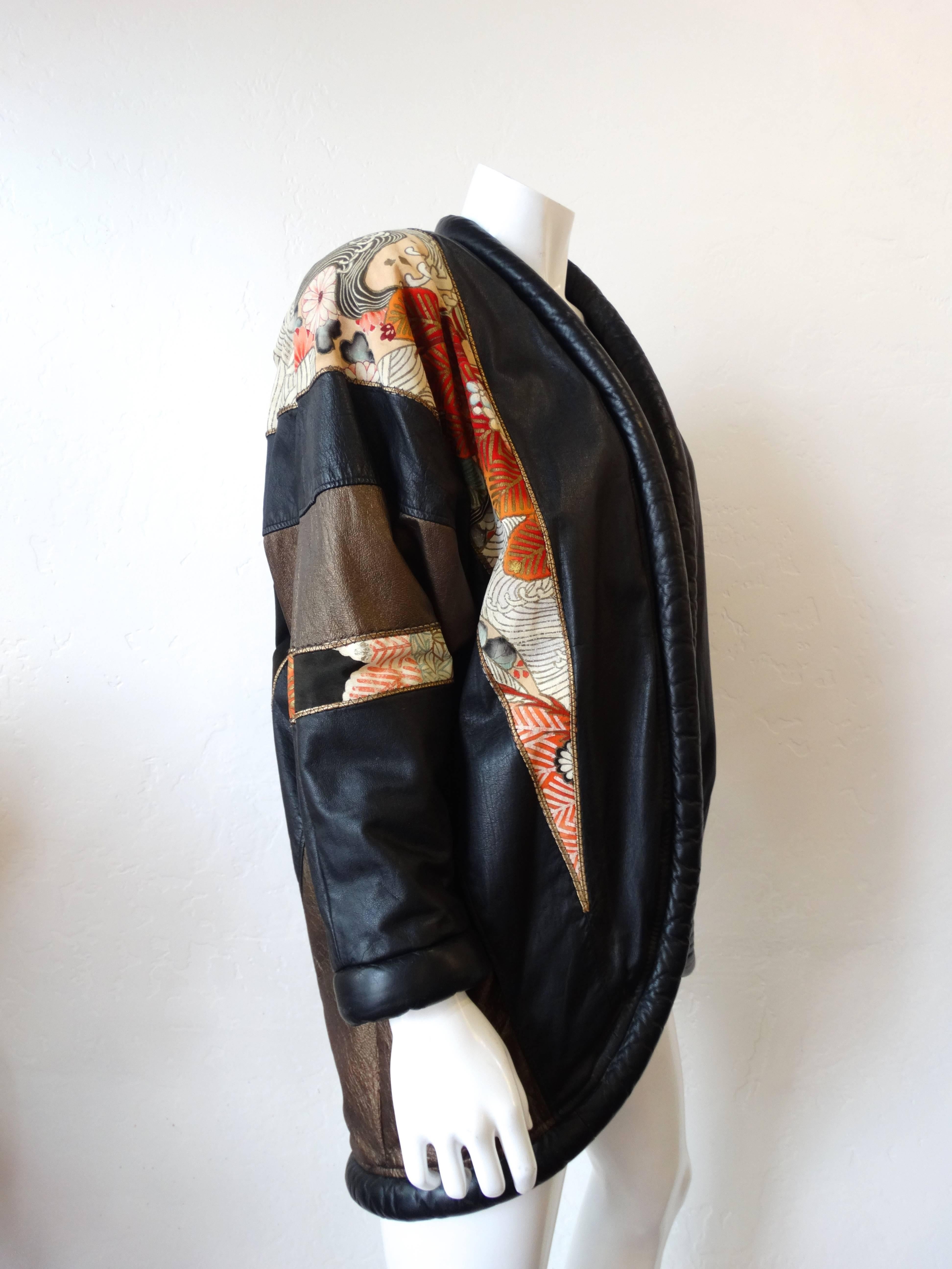 Black 1980s Opulent Kimono Print Leather Jacket