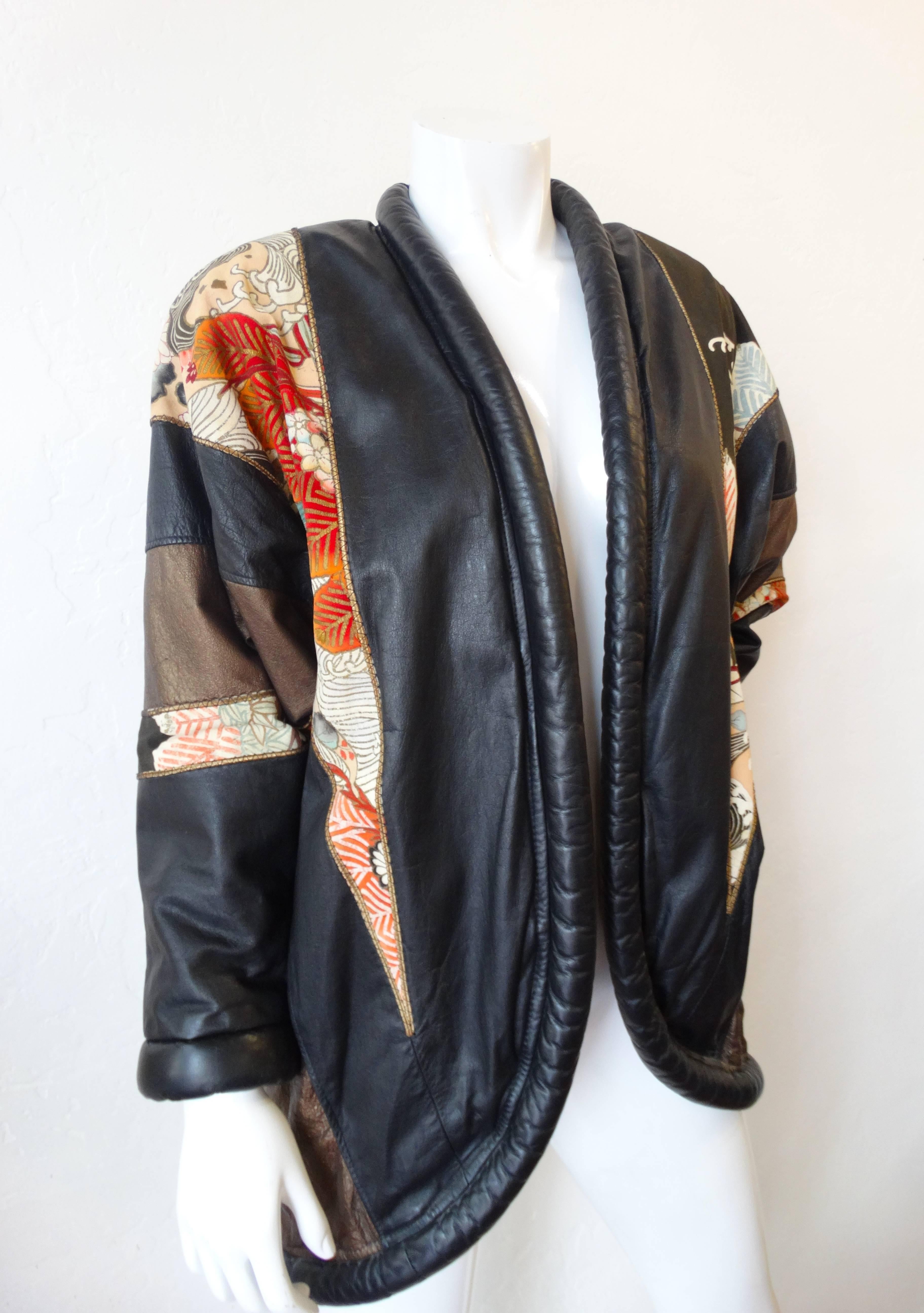 Women's 1980s Opulent Kimono Print Leather Jacket