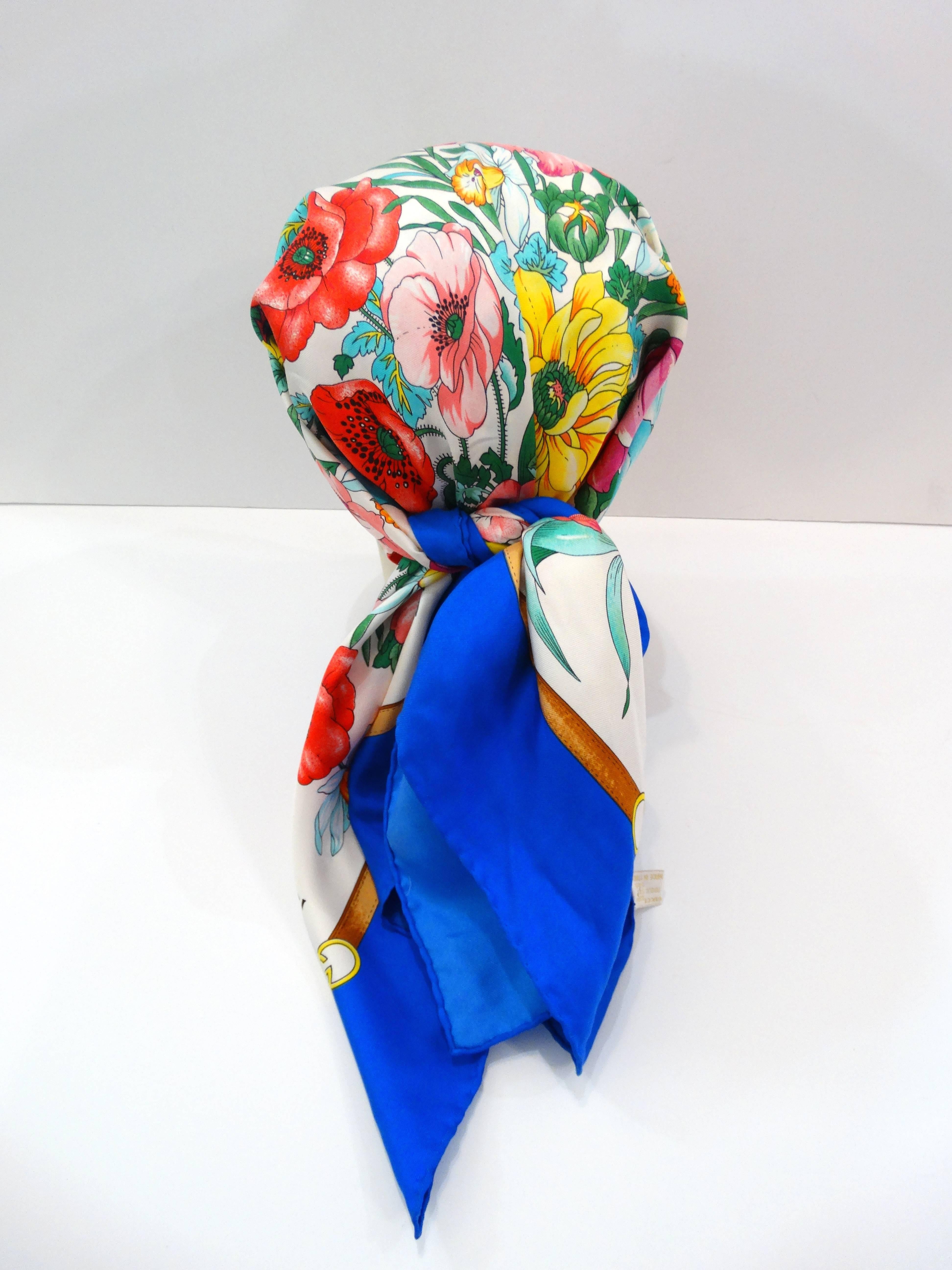 Gray 1970s Gucci Floral Silk Scarf