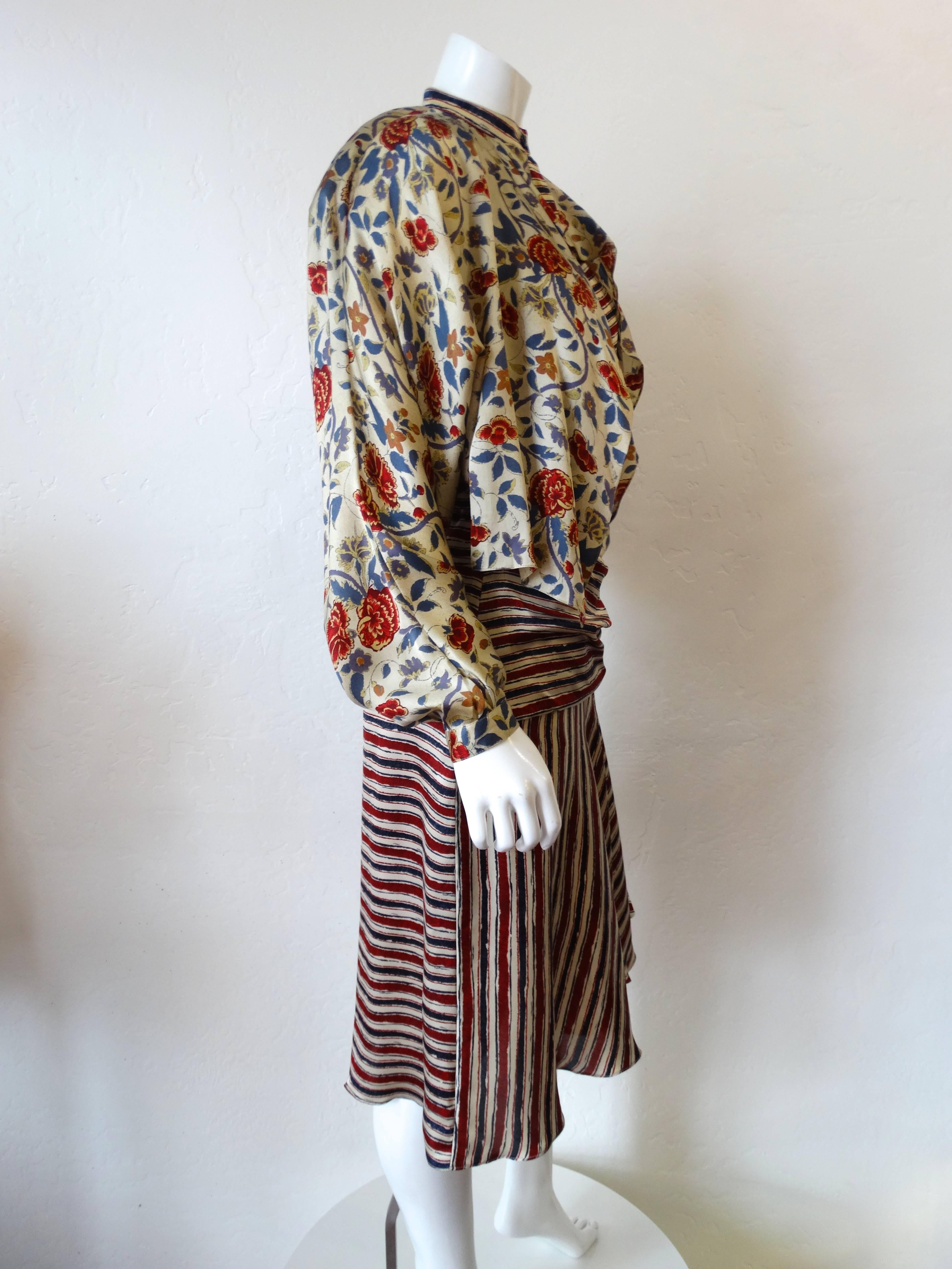 Gray Rare 1980s Fong Leng Mixed Print Silk Set