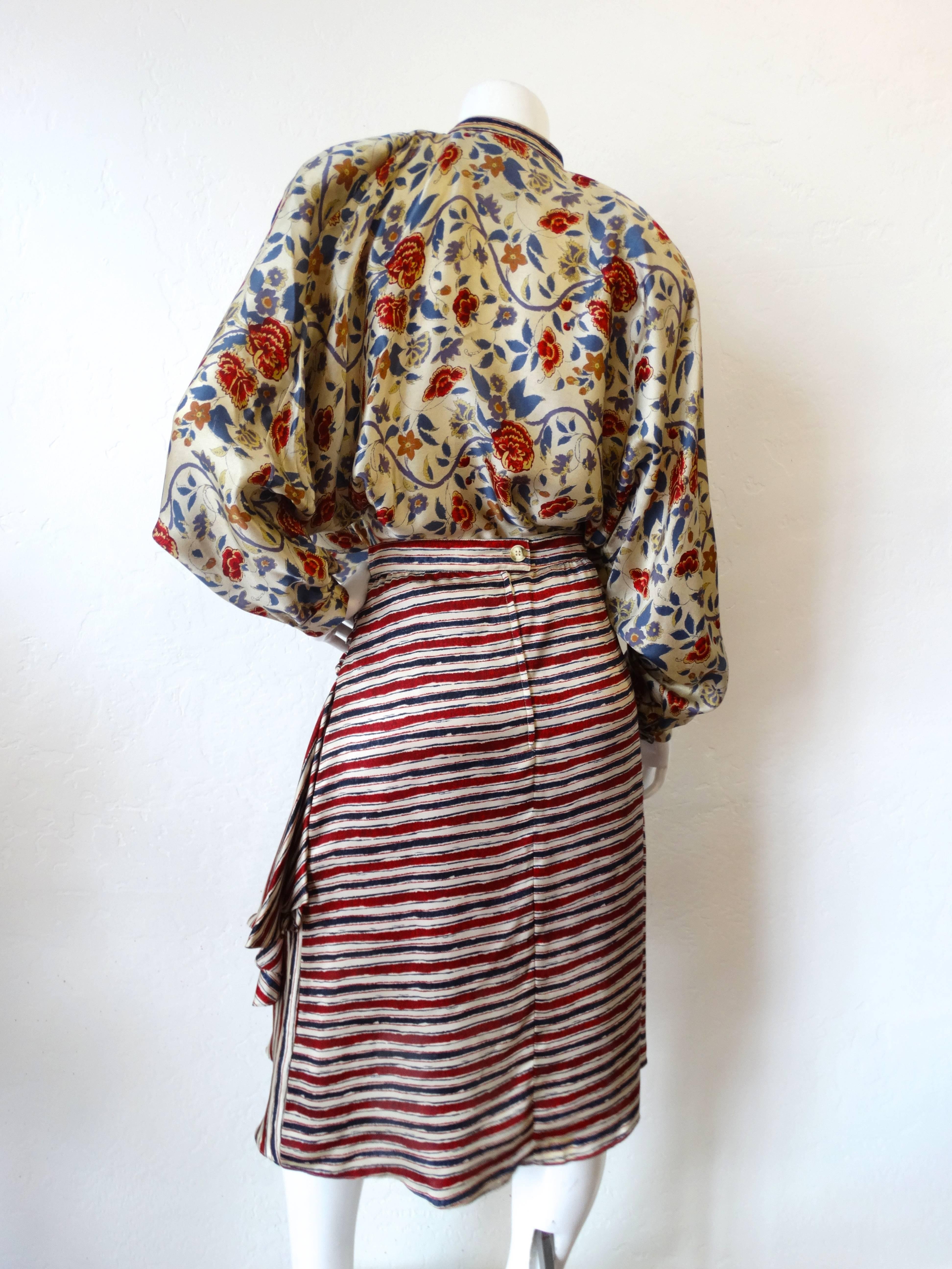 Rare 1980s Fong Leng Mixed Print Silk Set In Excellent Condition In Scottsdale, AZ