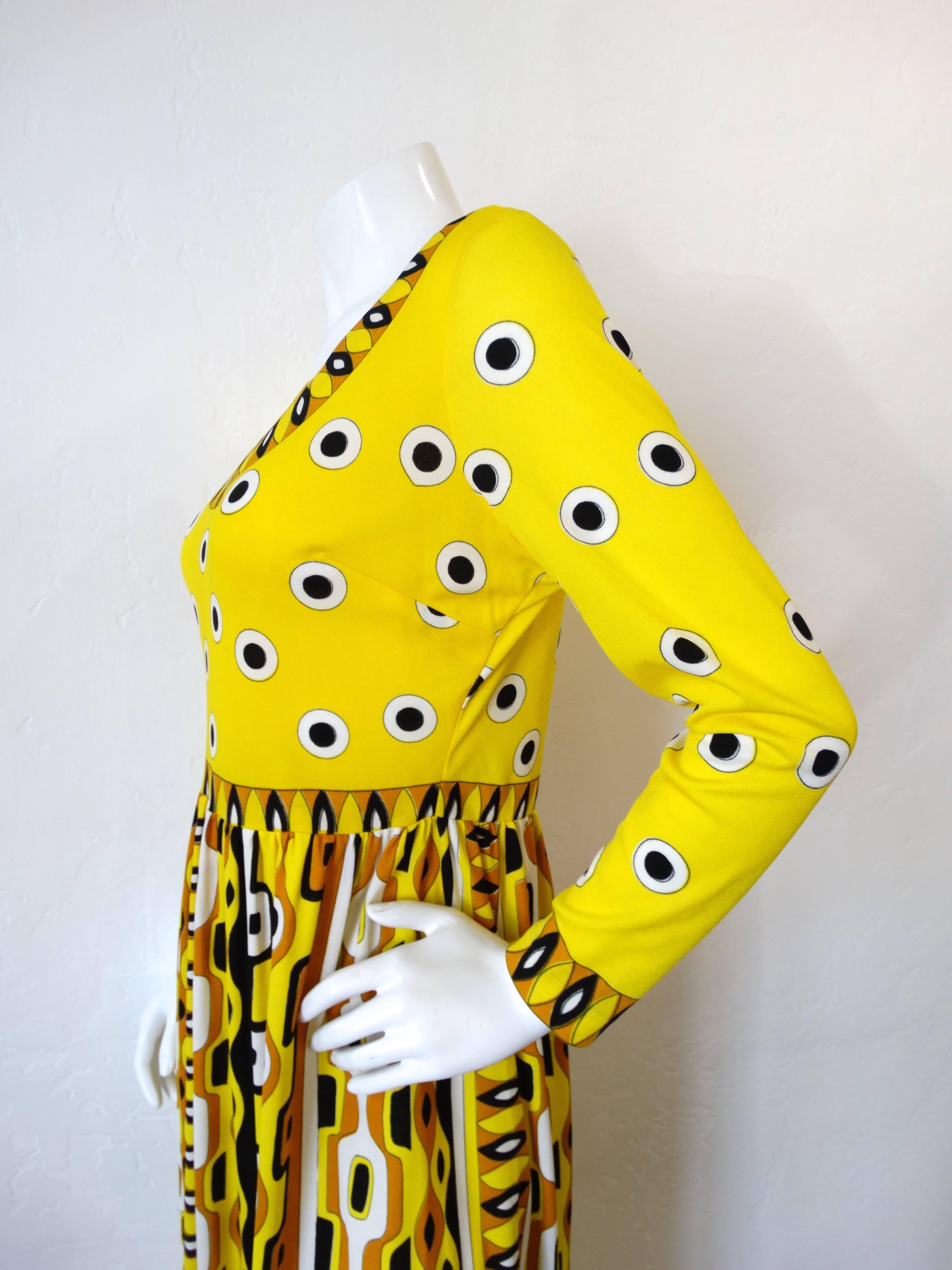 1960s Mr. Dino Yellow Mod Printed Maxi Dress In Excellent Condition In Scottsdale, AZ