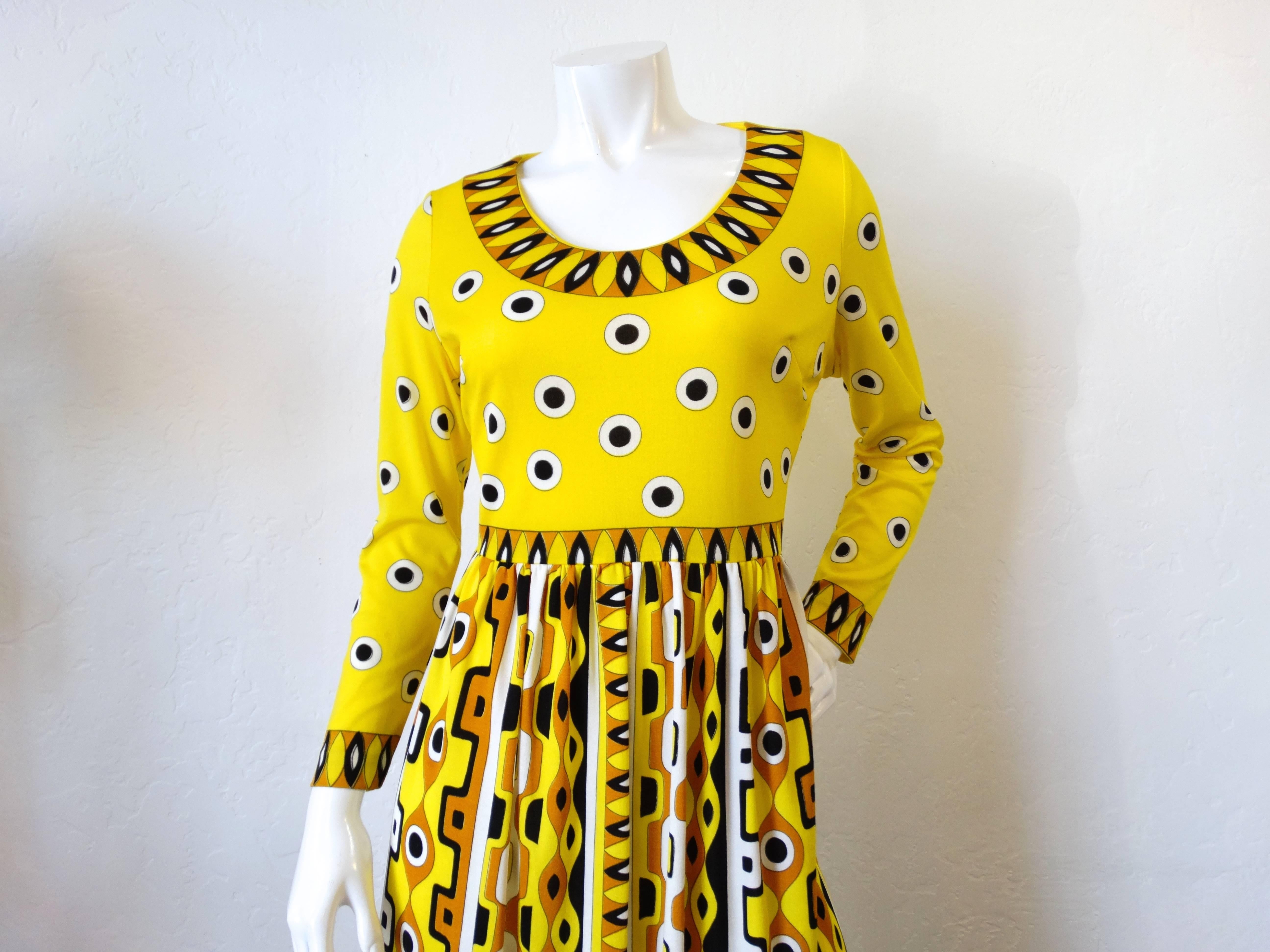 Women's 1960s Mr. Dino Yellow Mod Printed Maxi Dress