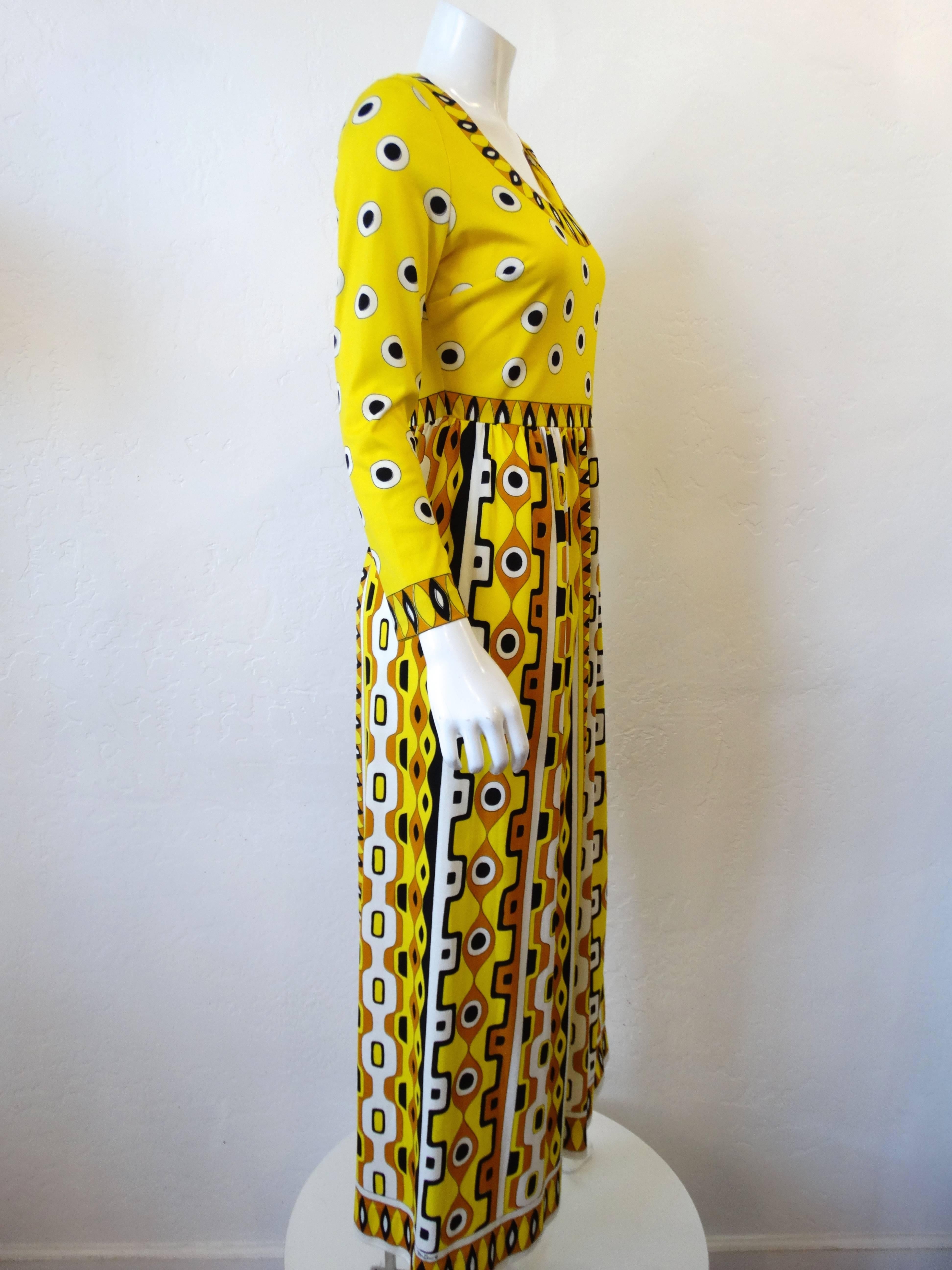 1960s Mr. Dino Yellow Mod Printed Maxi Dress 1