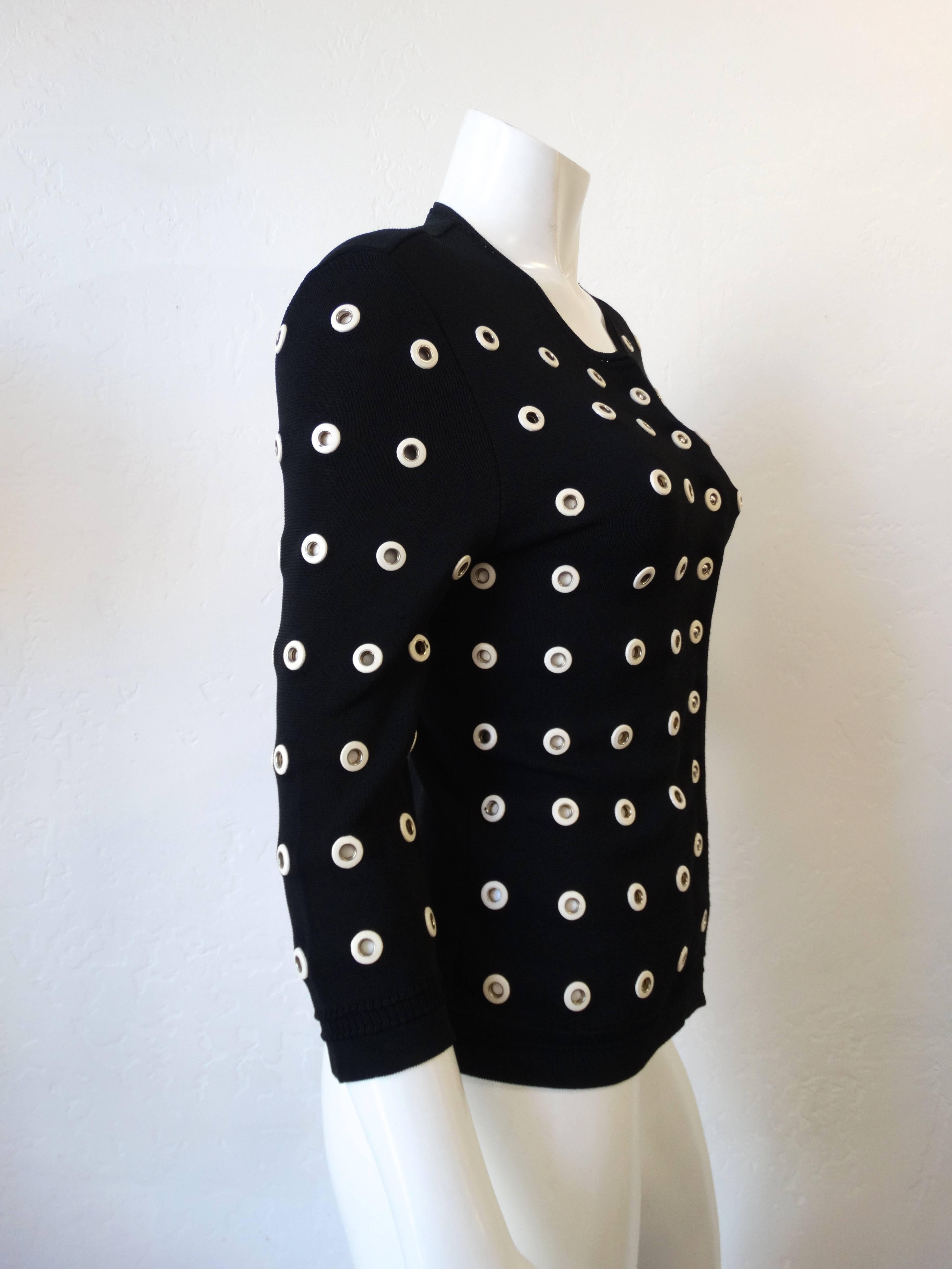 Black 2000s Gianfranco Ferre Leather Eyelet Cardigan Sweater For Sale