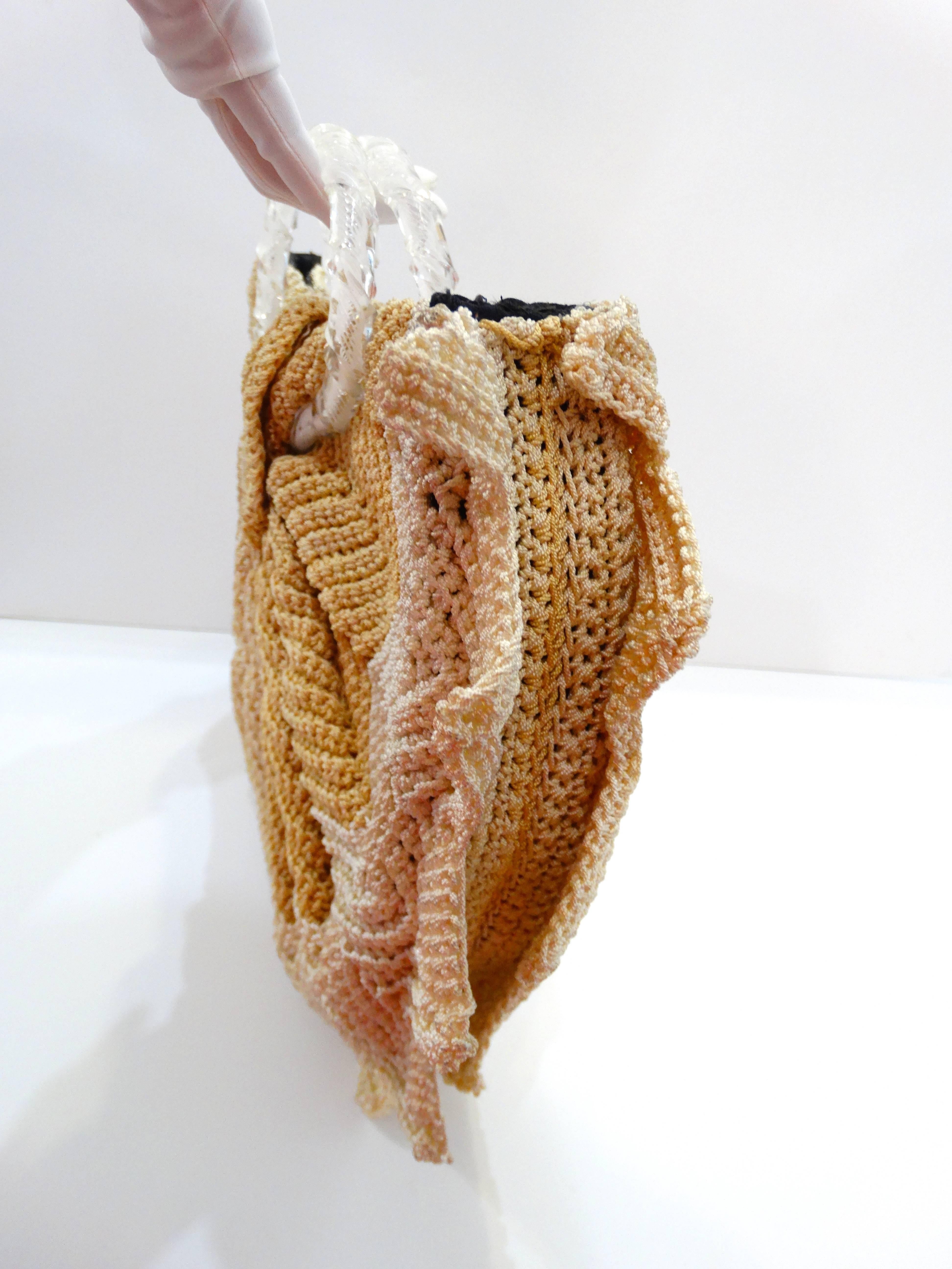 Beige Wonderful 1970s Knitted Arc Bag With Lucite Handles