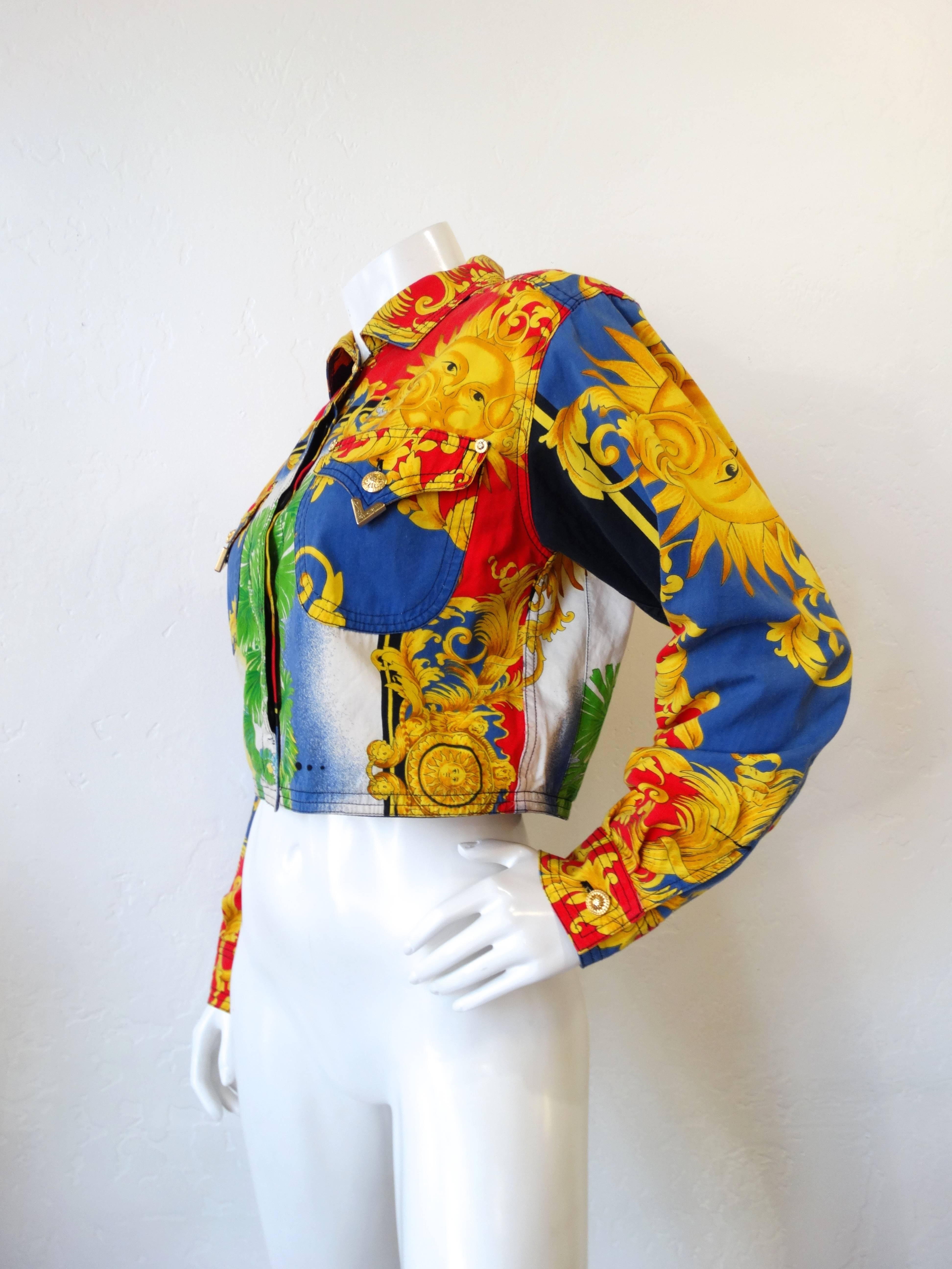 Brown Gianni Versace Baroque Sun Miami Print Jeans Jacket Spring 1993