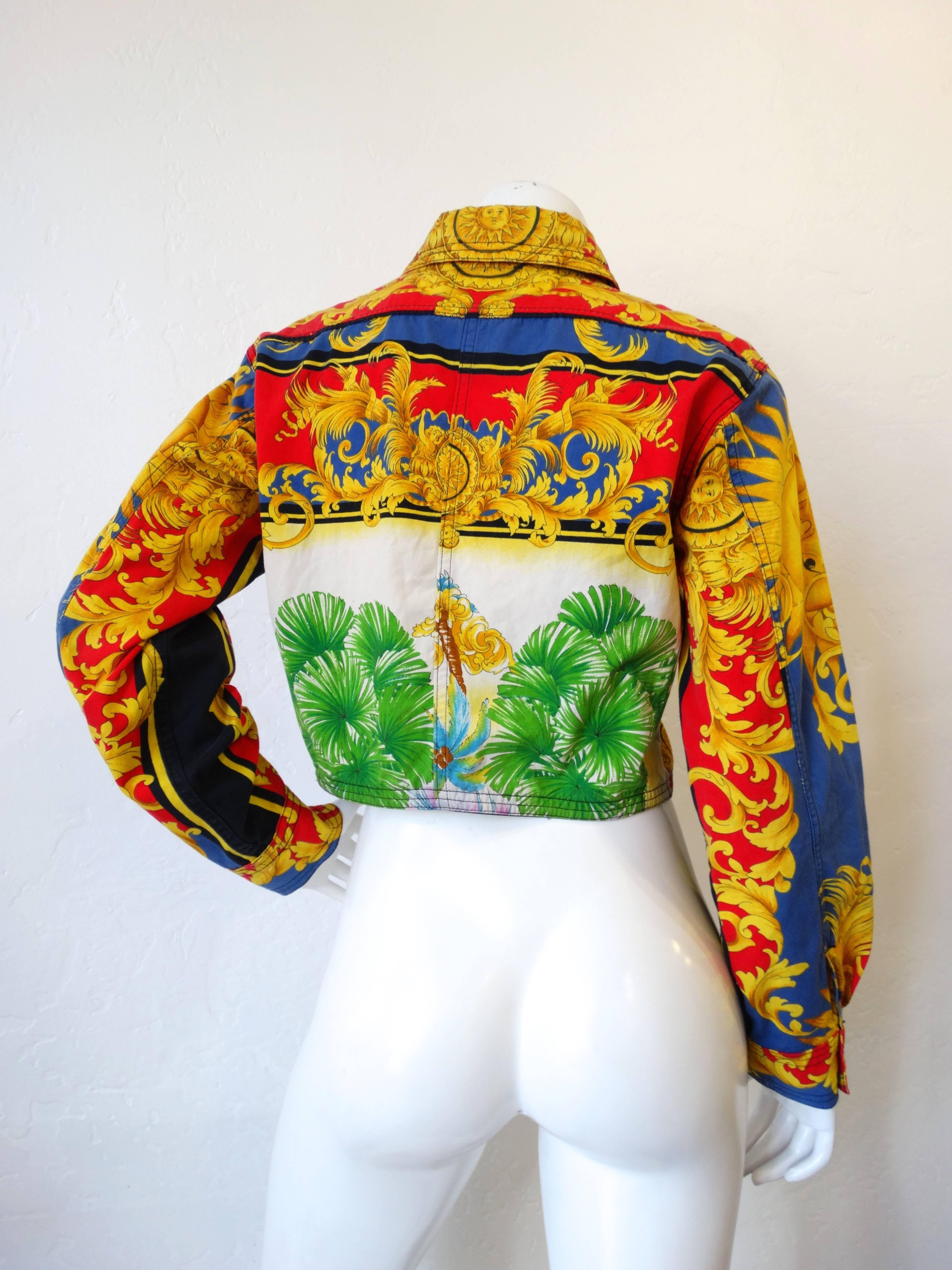 Gianni Versace Baroque Sun Miami Print Jeans Jacket Spring 1993 In Excellent Condition In Scottsdale, AZ