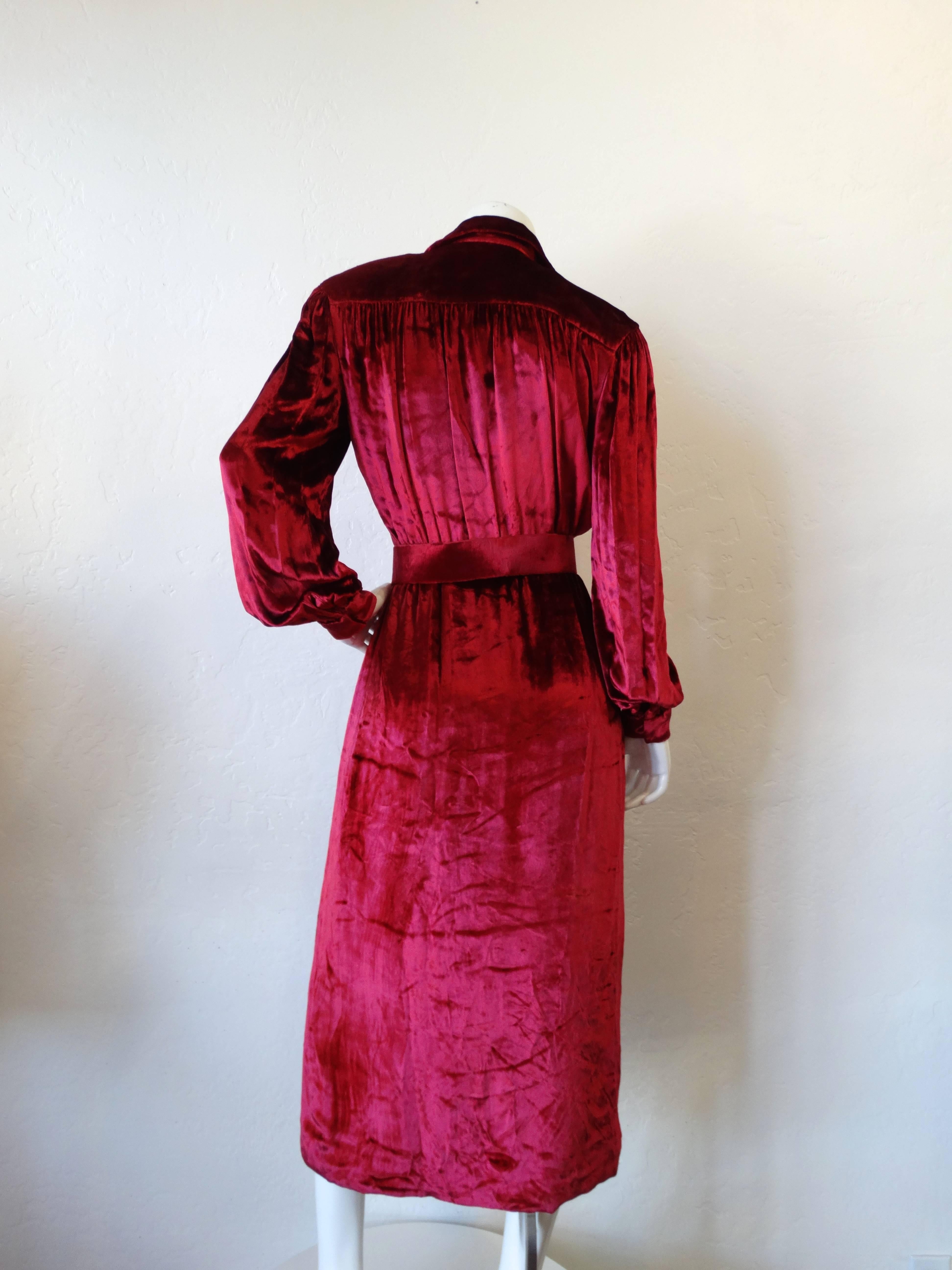 Red 1980's William Travilla Crushed Velvet Dress  For Sale