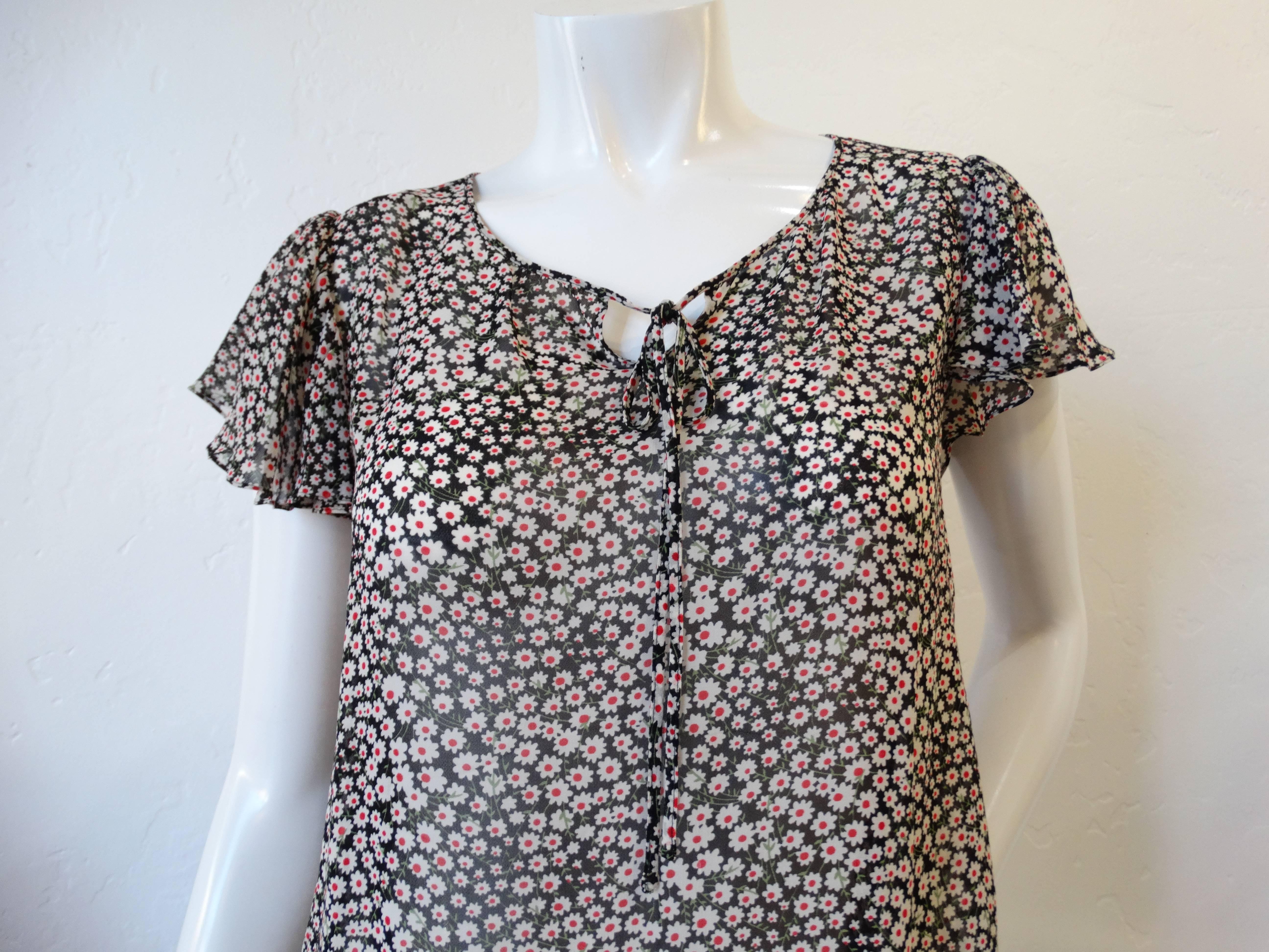 Gray Saint Laurent Sheer Daisy Floral Print Top