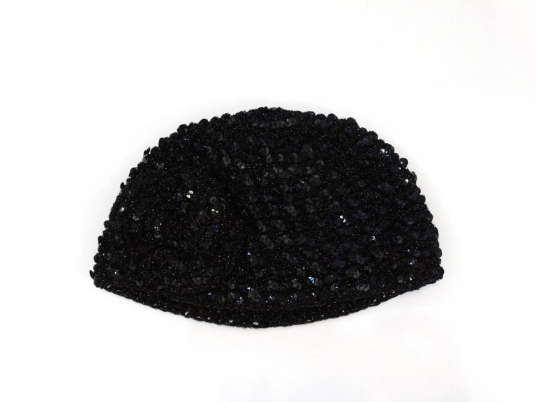 1970s Saks Fifth Avenue Black Sequin Flower Skullcap For Sale at