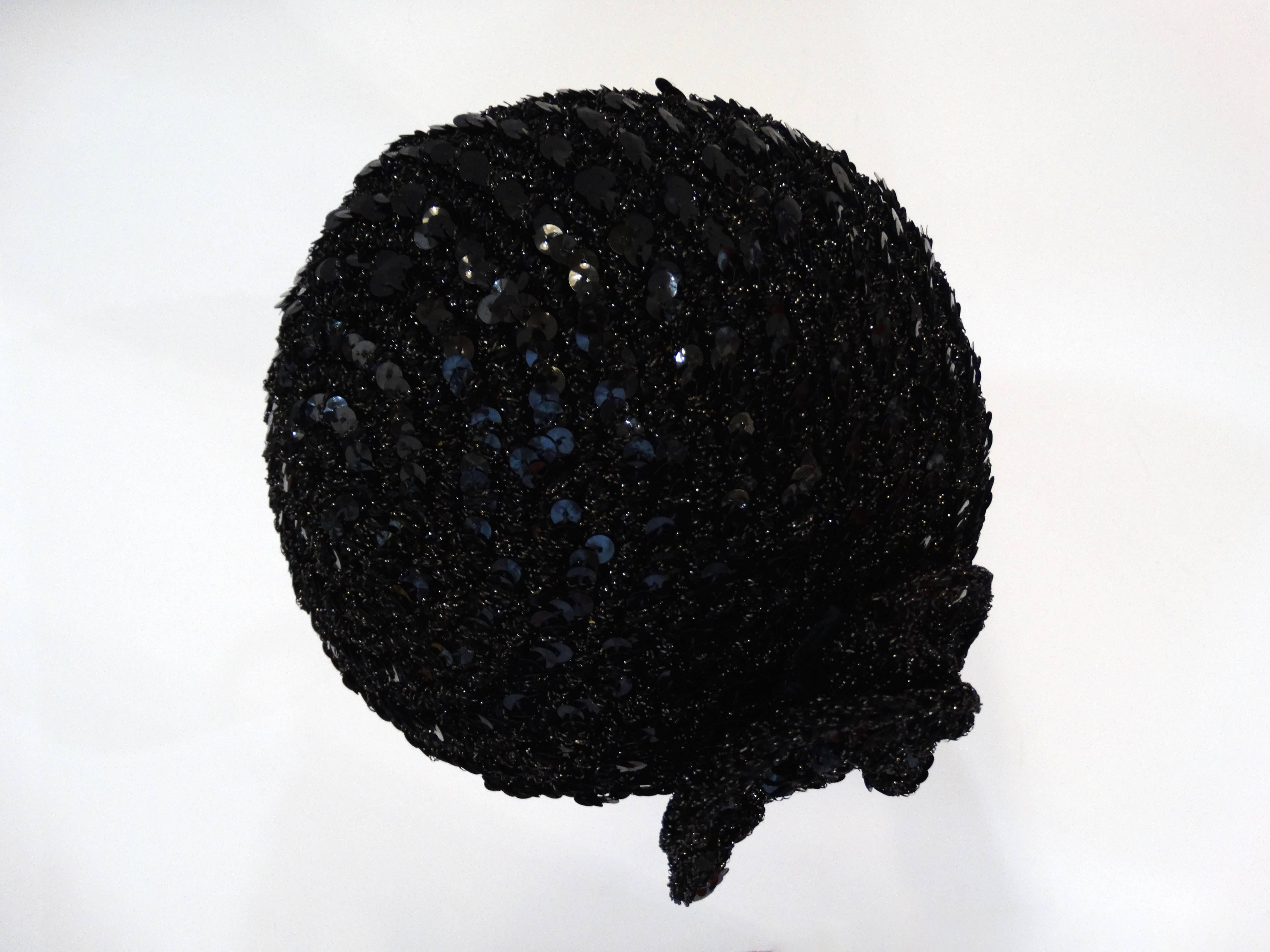 Women's 1970s Saks Fifth Avenue Black Sequin Flower Skullcap For Sale