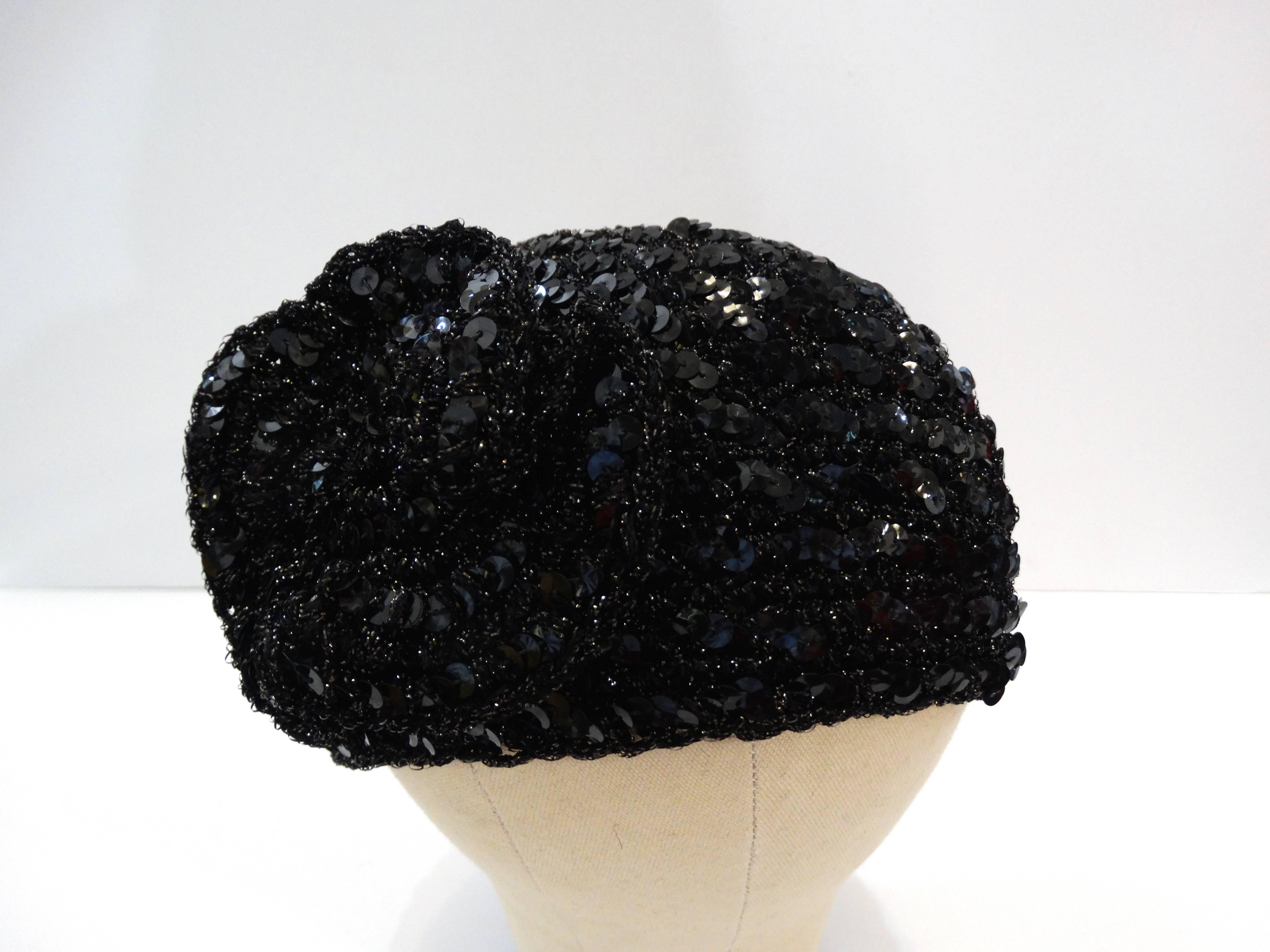 1970s Saks Fifth Avenue Black Sequin Flower Skullcap For Sale 1