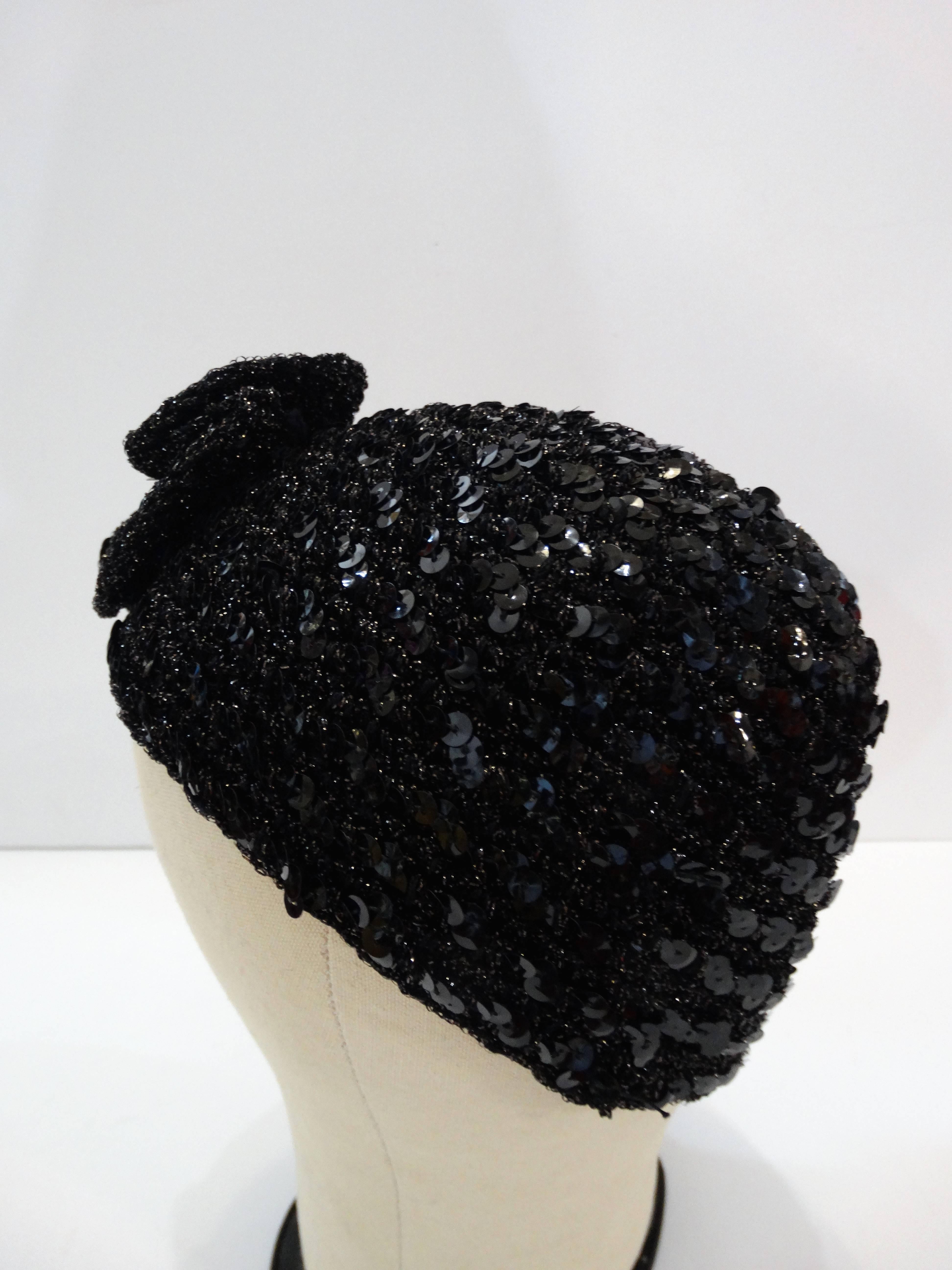 1970s Saks Fifth Avenue Black Sequin Flower Skullcap For Sale 3