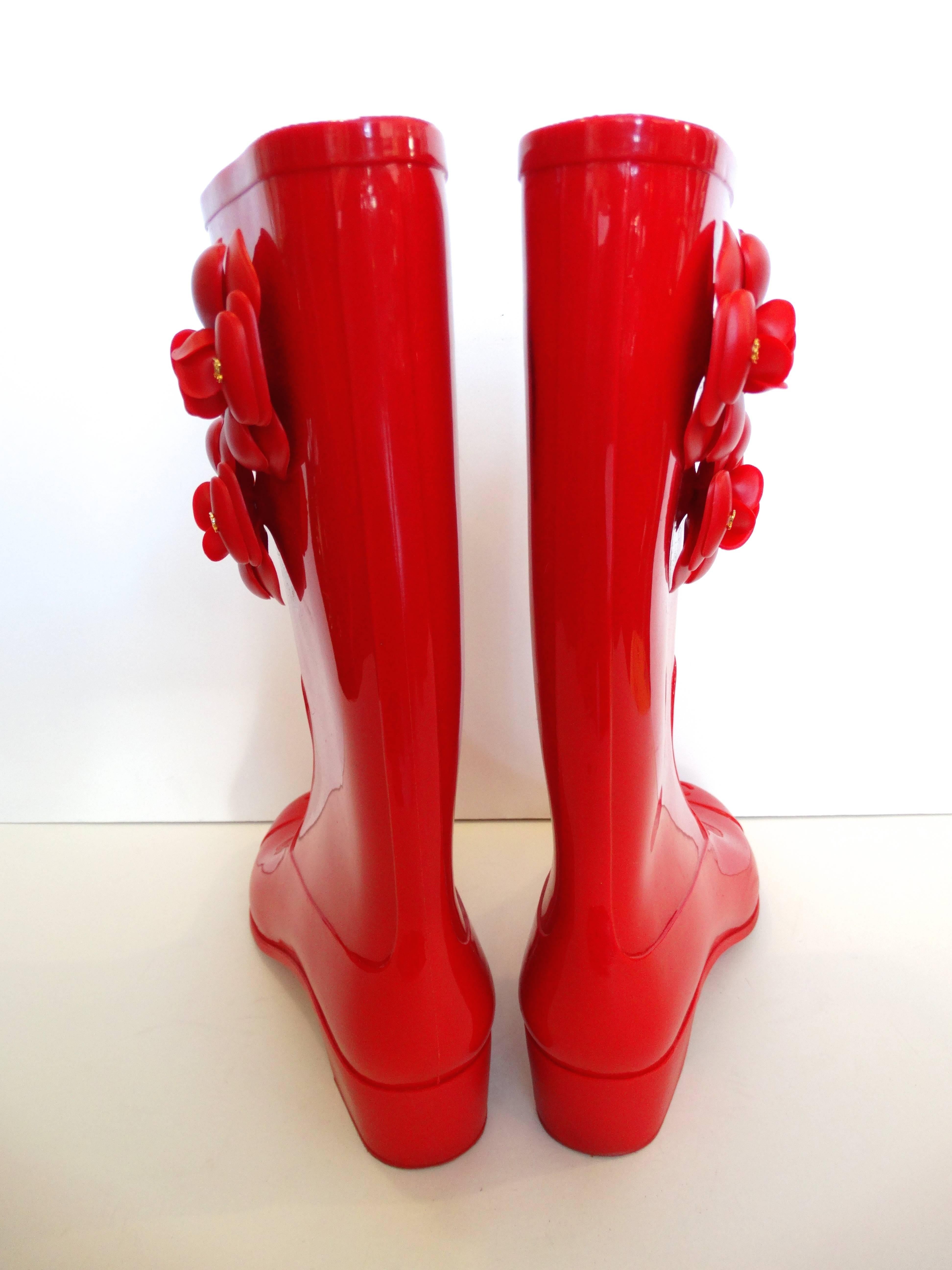 Women's Chanel Red Camellia Flower Wellies 