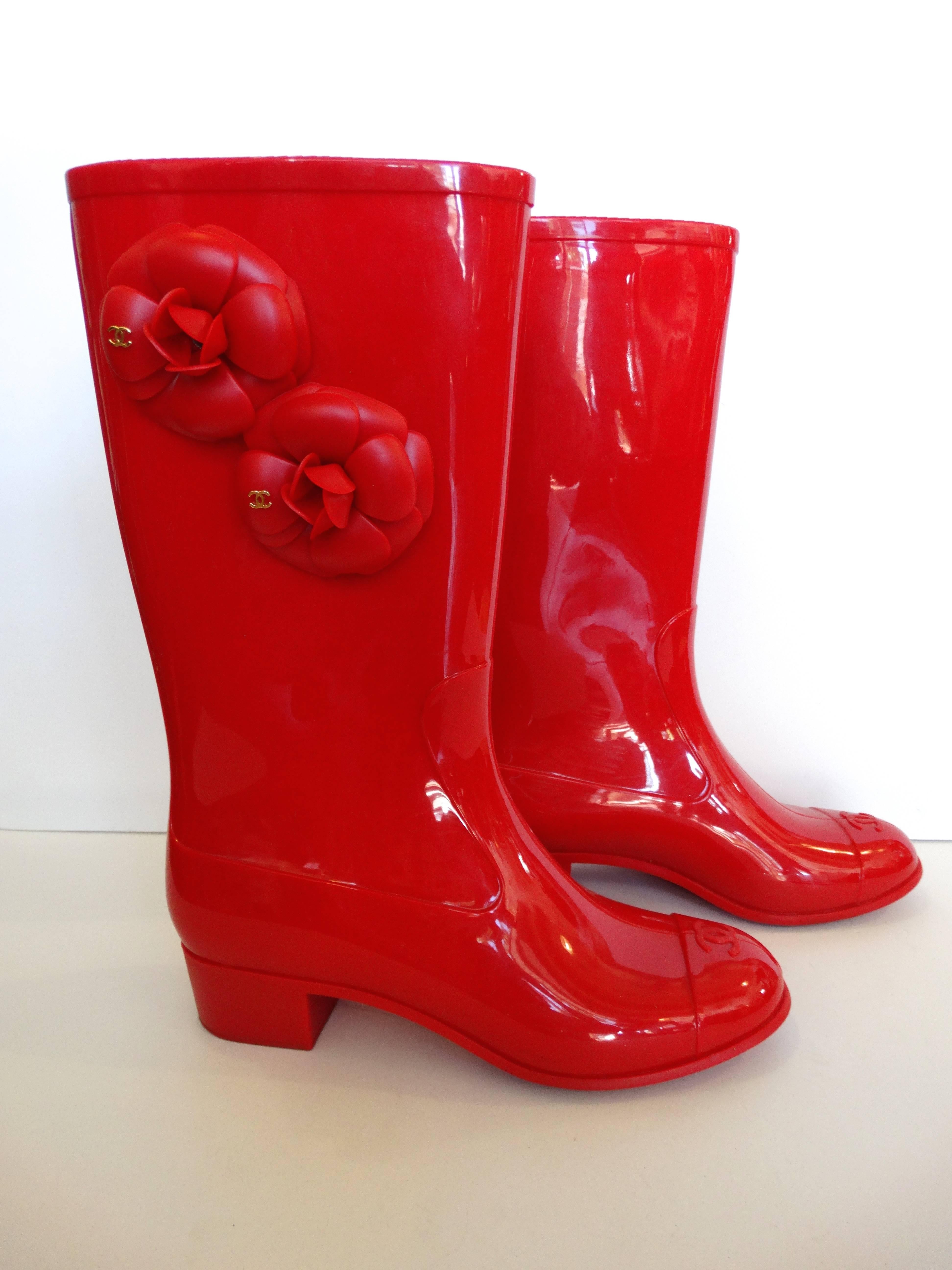 Chanel Red Camellia Flower Wellies  1