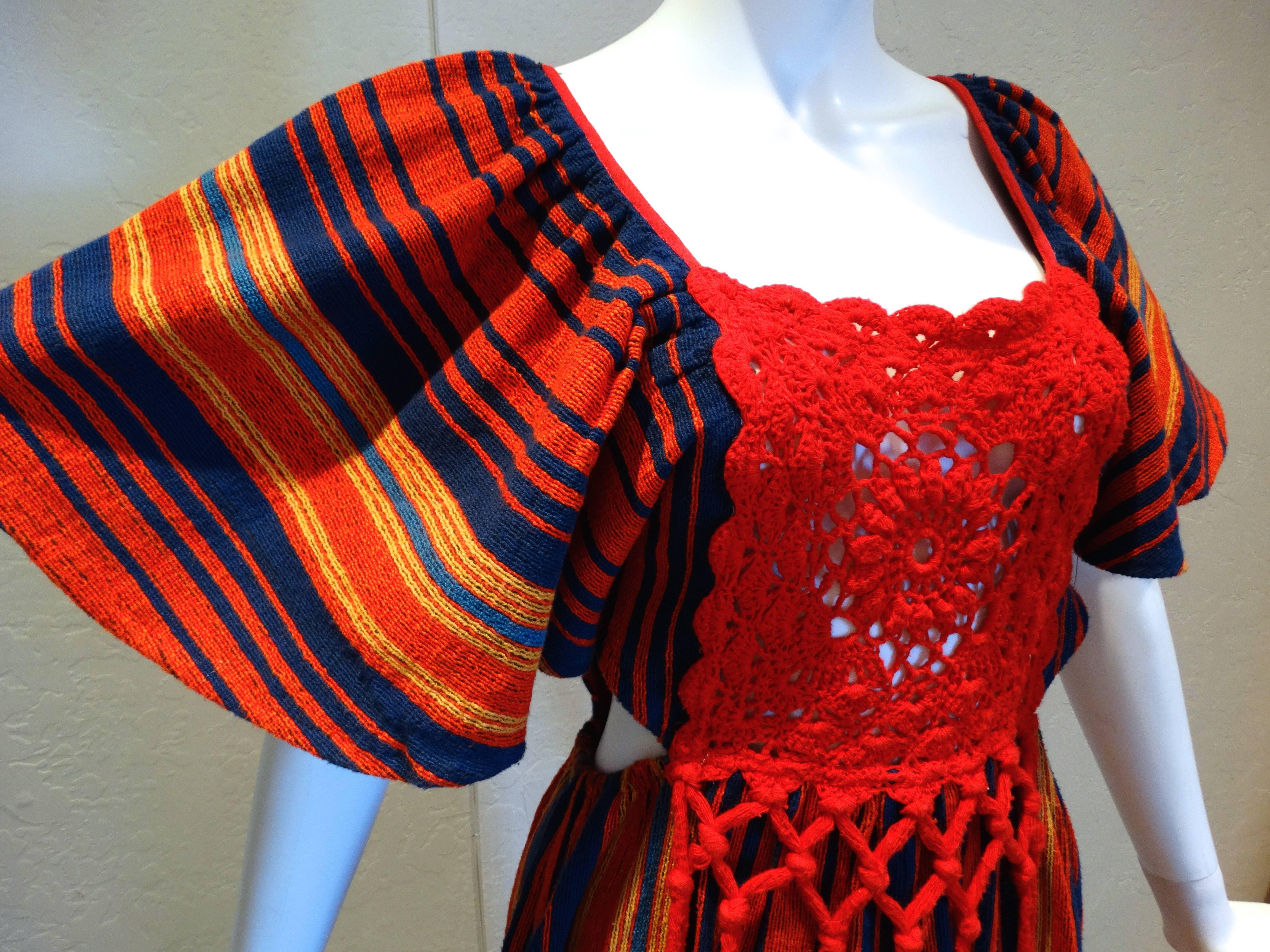 1970s Rikma Bohemian Crochet W/Fringe Maxi Dress 1