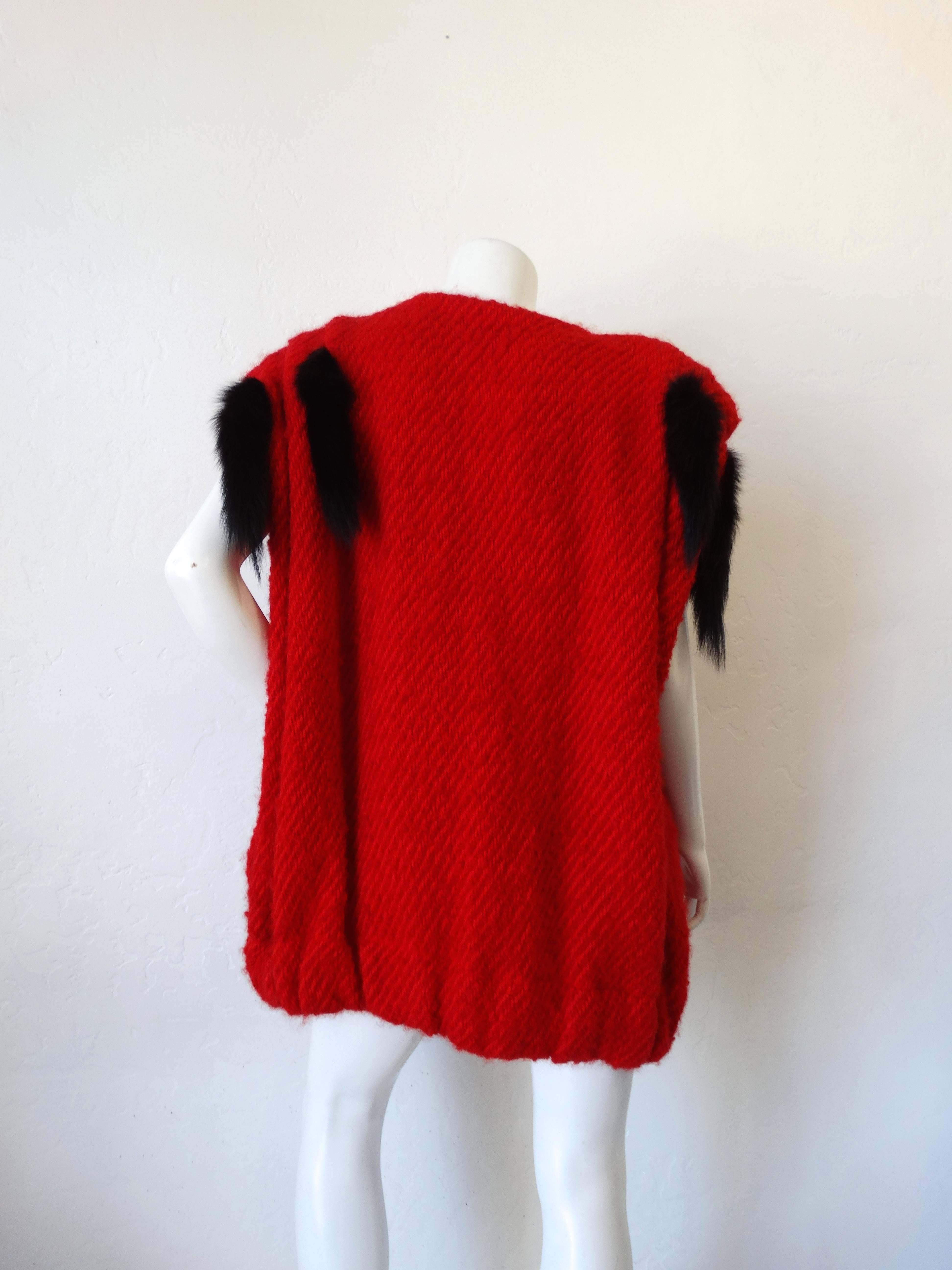 1980s Silver Lining Red Knit Mink Tail Vest For Sale 1