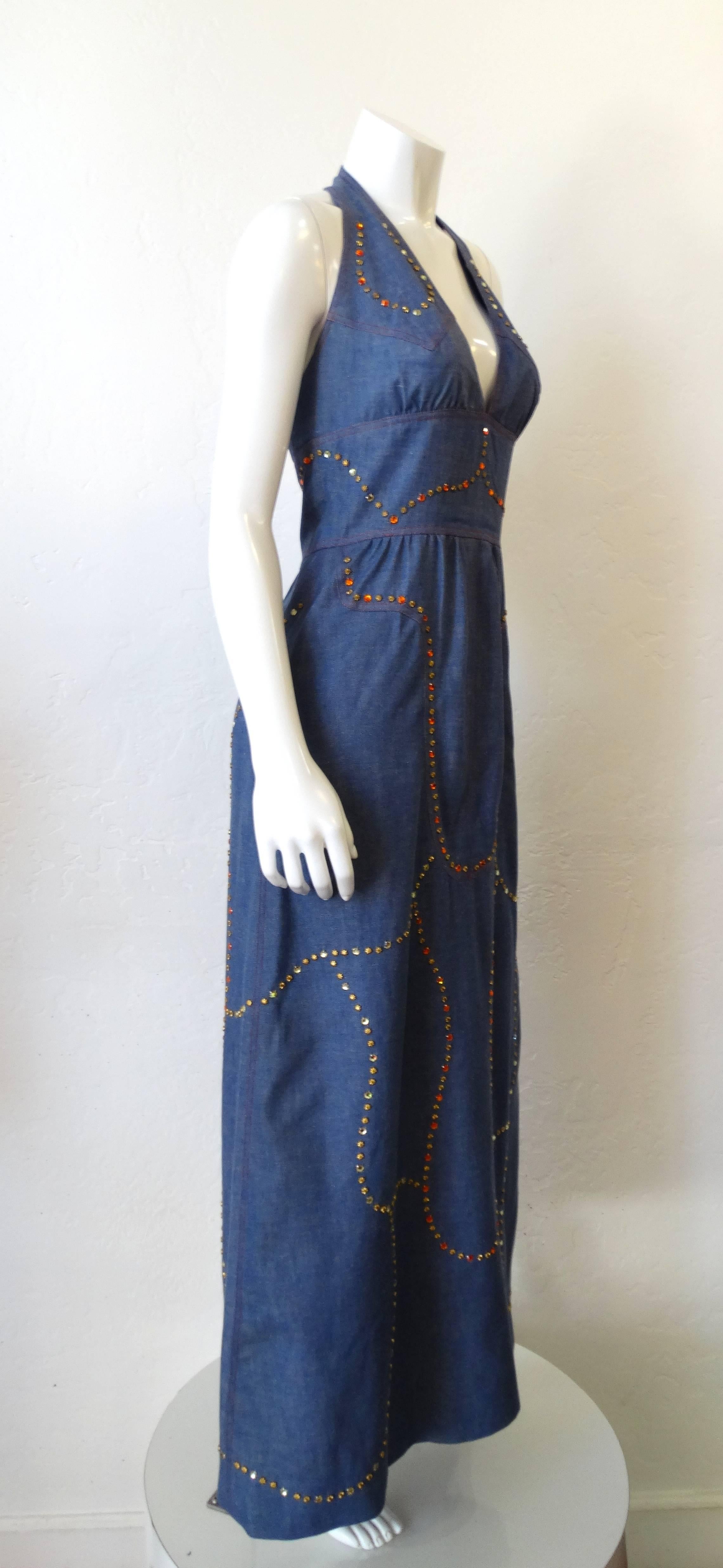 Purple 1970s Rhinestone Denim Halter Dress