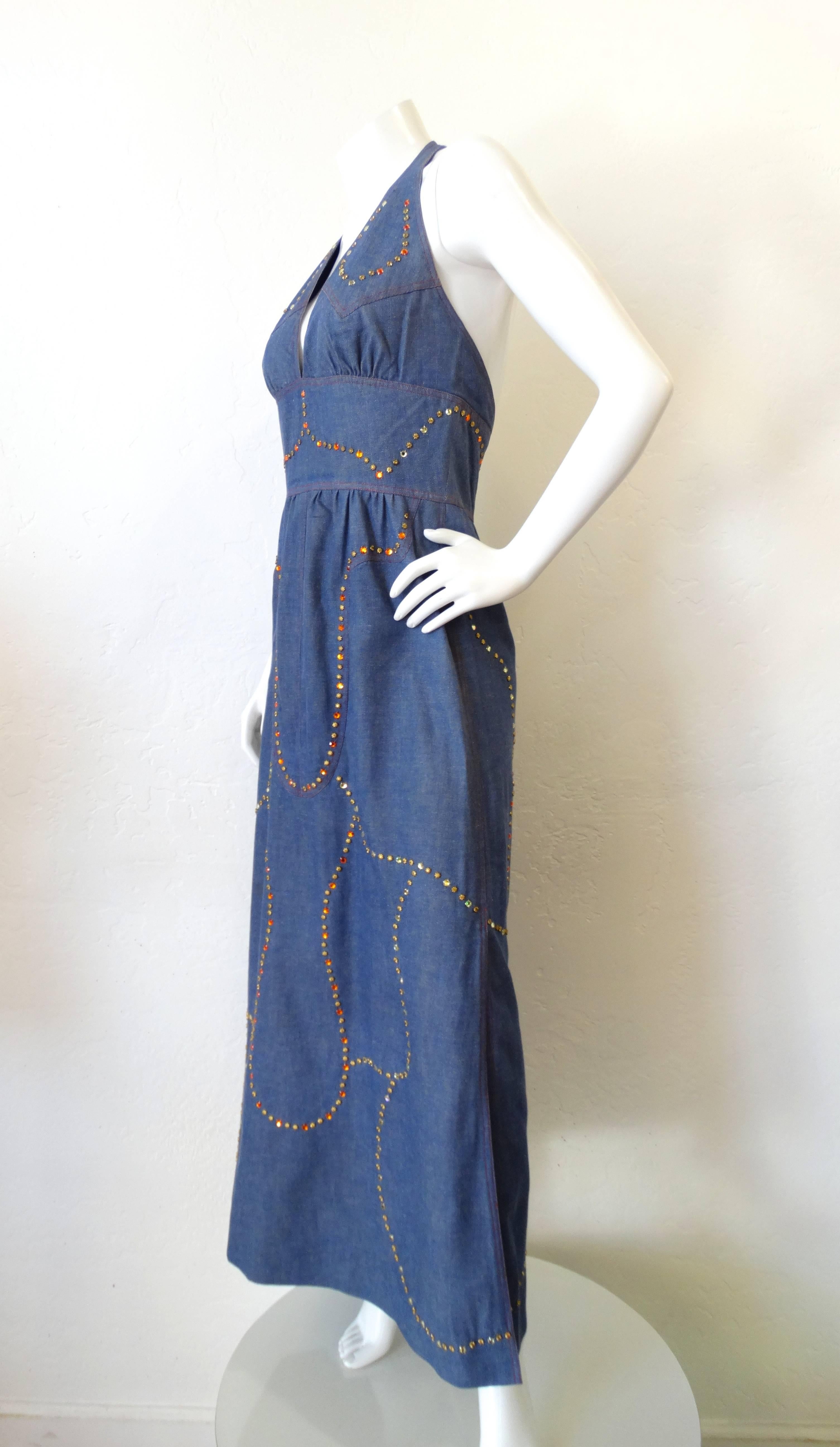 1970s Rhinestone Denim Halter Dress In Excellent Condition In Scottsdale, AZ