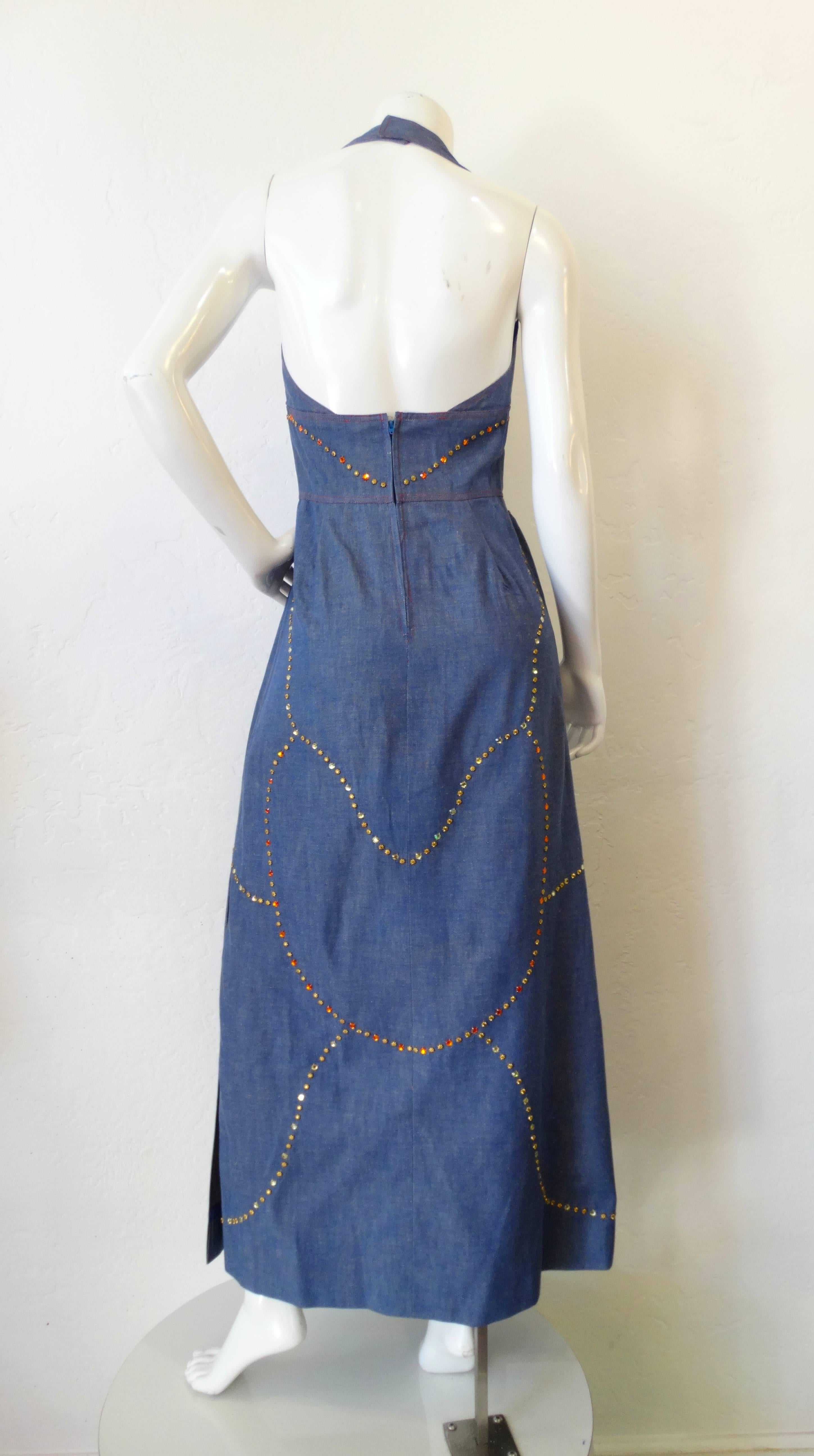 Women's 1970s Rhinestone Denim Halter Dress